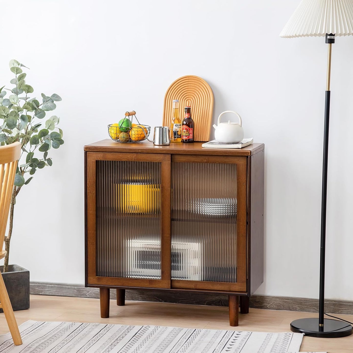 Tiita Bamboo Sideboard Buffet Cabinet, Rattan Kitchen Storage Cabinet, Boho Coffee Bar Tables for Kitchen Living Room Hallway Office, Walnut