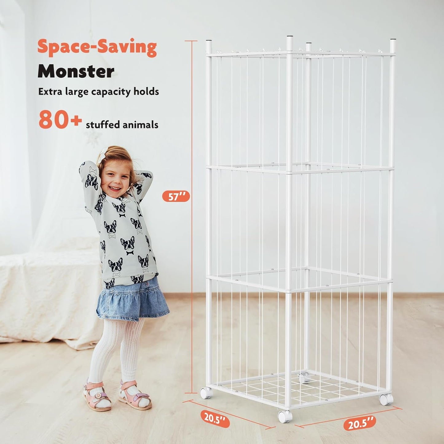 GoKEDA Stuffed Animal Storage,Extra Large Metal Stuffed Animals Storage Tower,Heavy Duty Stuffed Animal Holder with Elastic Plushies Storage Organizer for Nursery,Kids Room,Playroom (White)