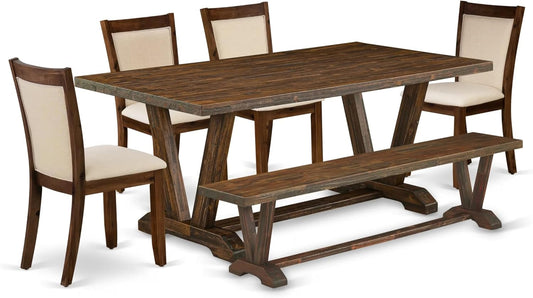 East West Furniture V777MZN32-6 6 Piece Dining Set Contains a Rectangle Dining Room Table with V-Legs and 4 Light Beige Linen Fabric Parson Chairs with a Bench, 40x72 Inch, Multi-Color