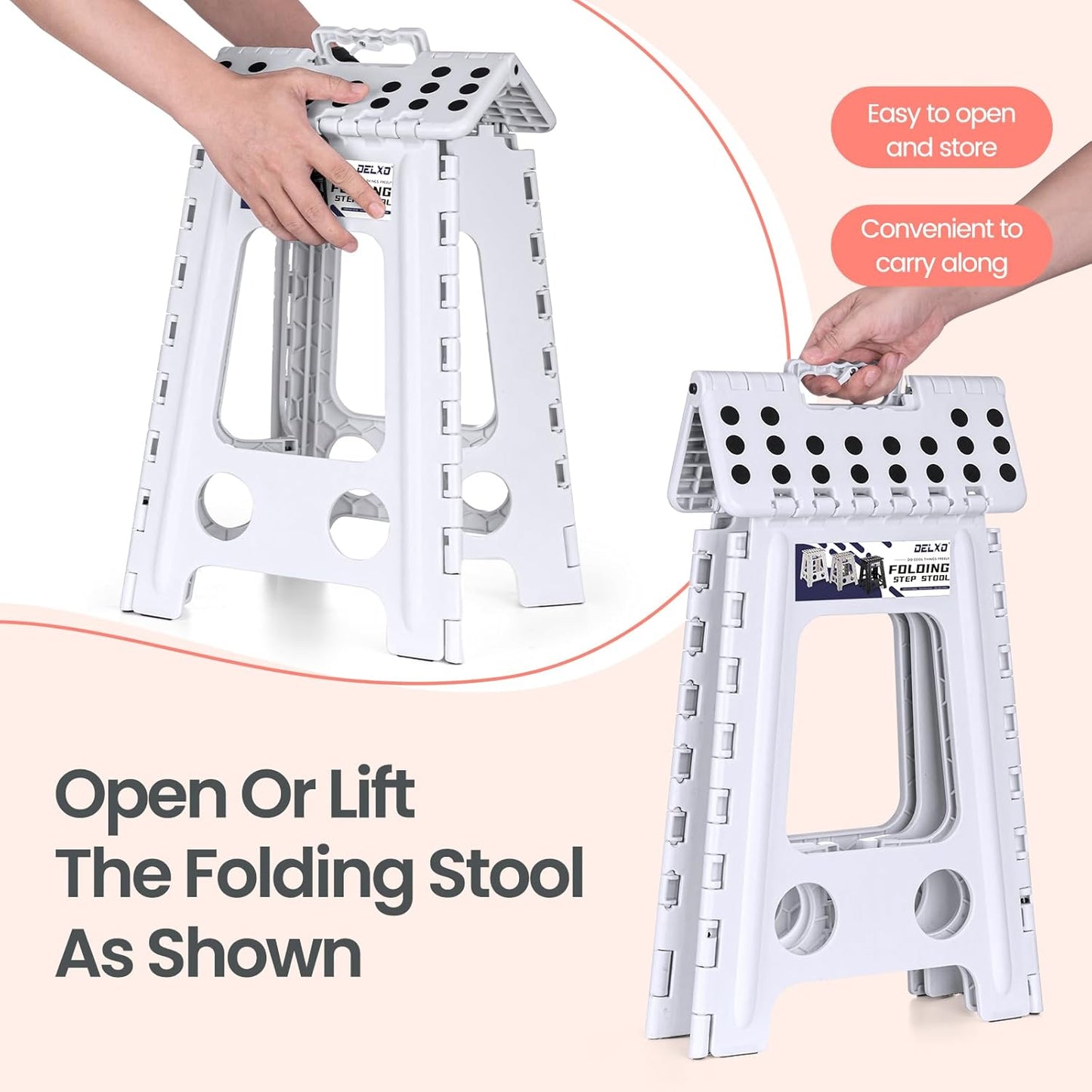 Delxo Folding Step Stool 17.5 Inch White Step Stools Foldable,Portable Collapsible Step Stool with Handle, Folding Stool for Kitchen Bathroom,Bedroom,Garden