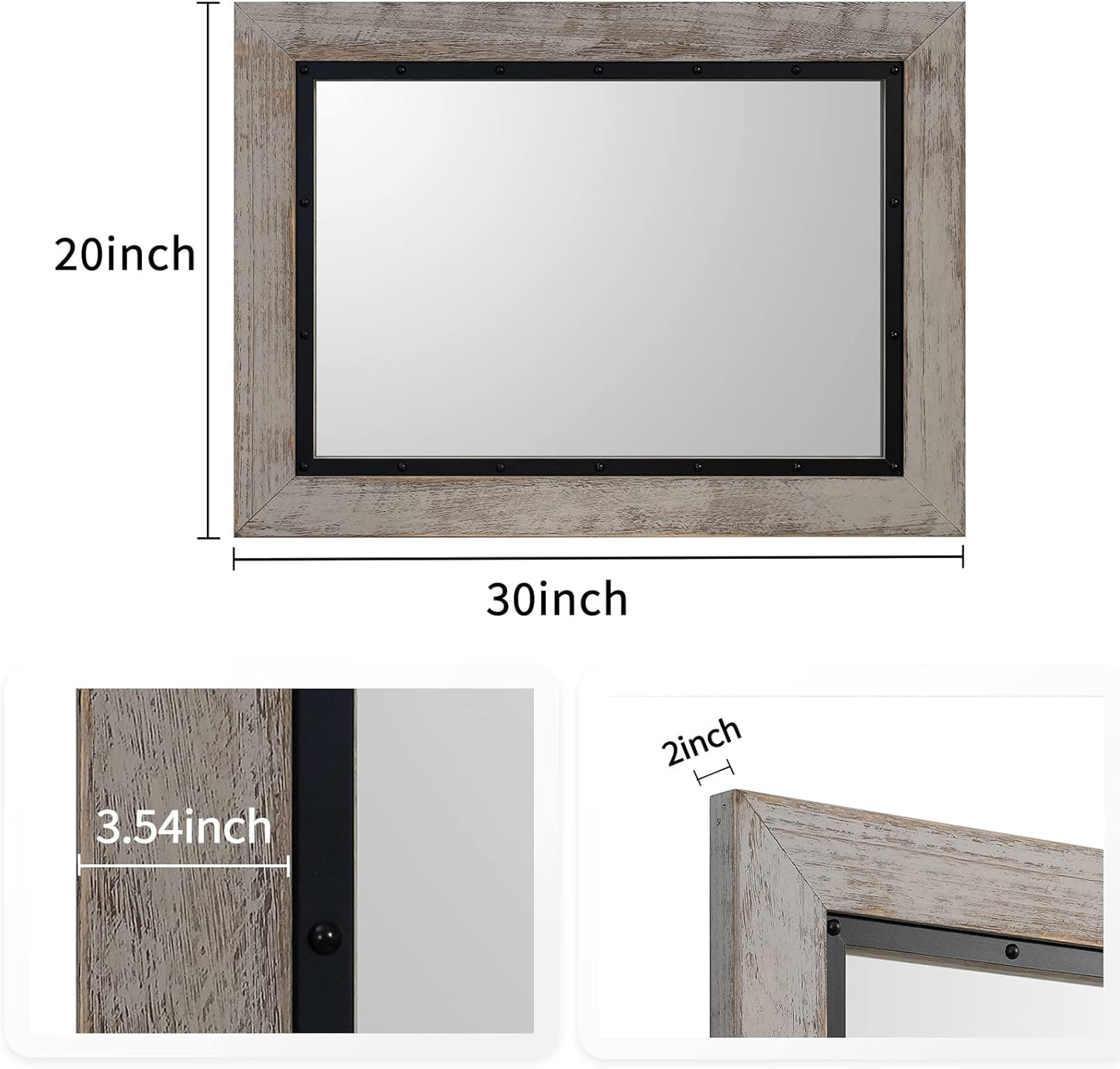 YOSHOOT Rustic Wooden Framed Wall Mirror, 30"x20", Natural Wood and Iron Bathroom Vanity Mirror for Farmhouse Decor, Vertical or Horizontal Hanging