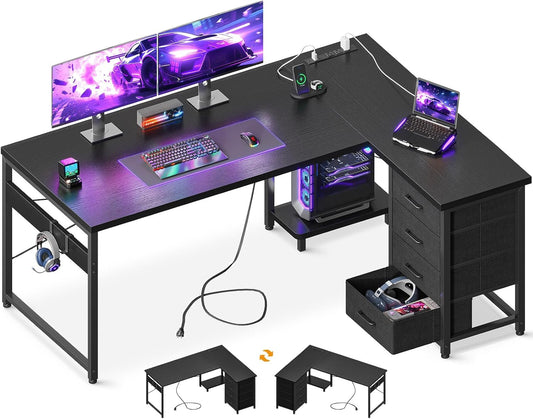 AODK L Shaped Gaming Desk with 4 Drawers, 53" Reversible Home Office Desks with Power Outlets, L Shaped Computer Desk with USB Charging Port and Host Stand, Corner Desk, Easy to Assemble, Black