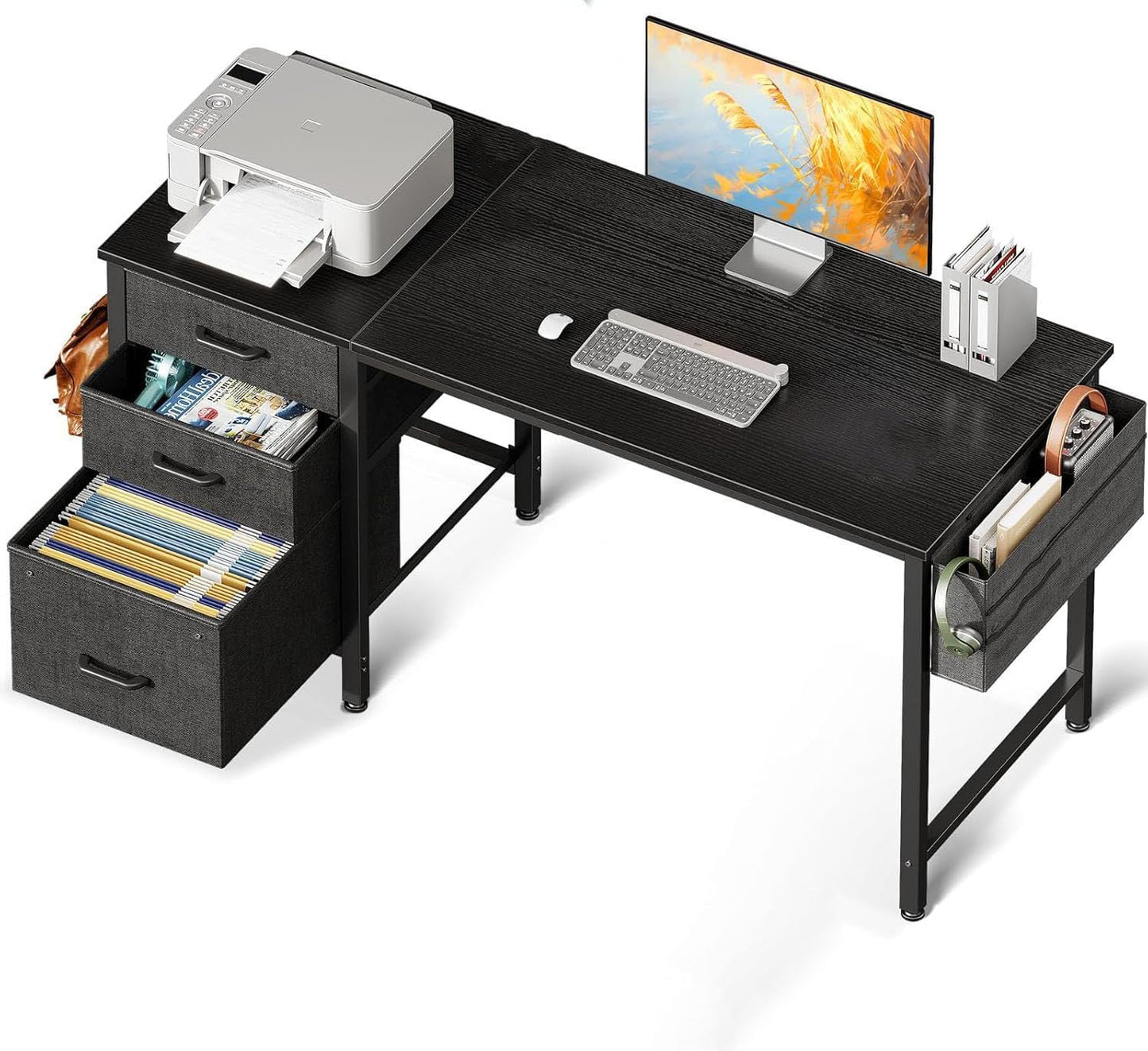 Casaottima 48" Small Computer Home Office Desk for Bedroom with Fabric Drawers & File Cabinet, Cloth Storage Bag and Hook, Writing Study Work Table for Small Space, Black