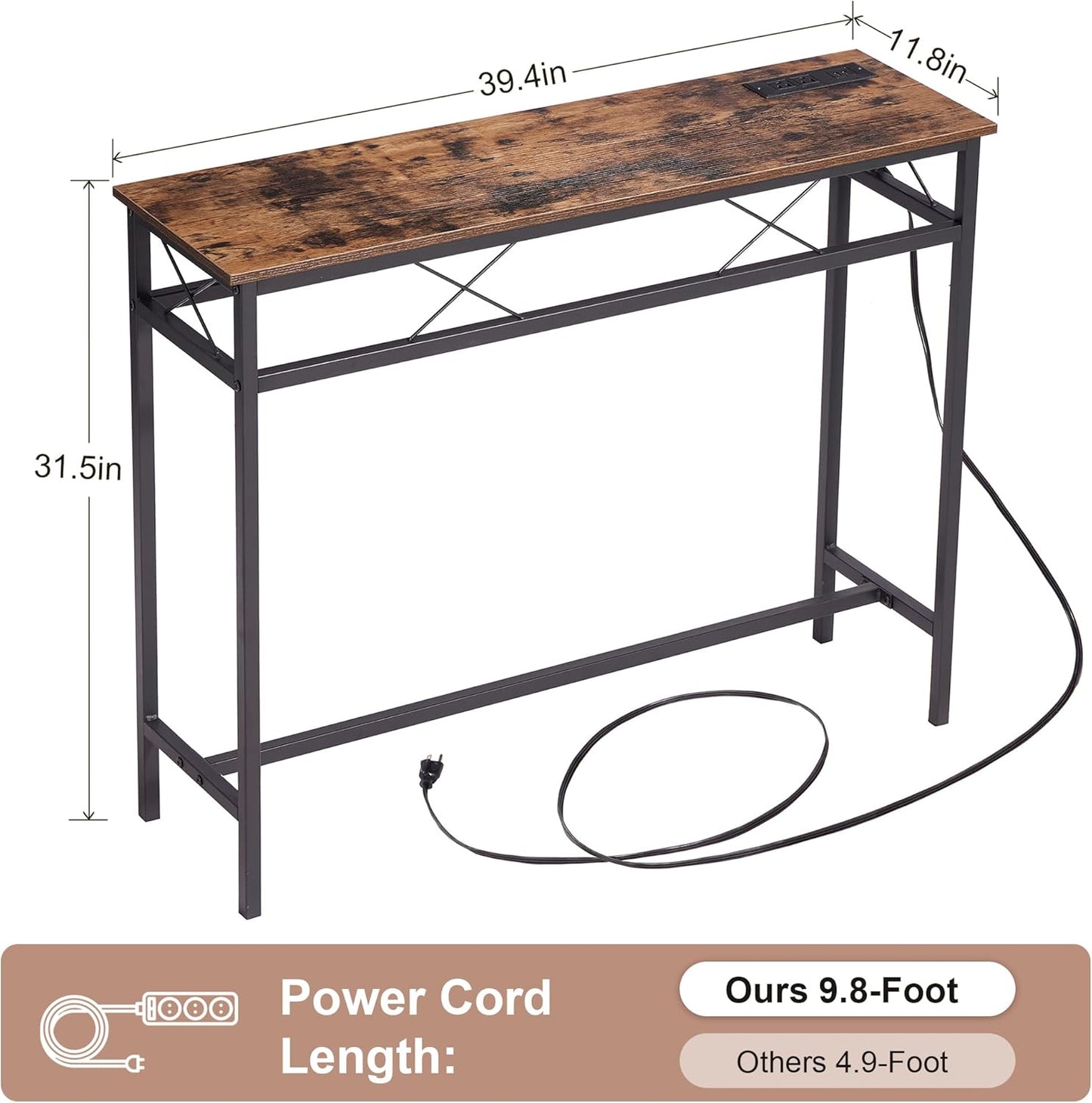VECELO 39.4In Narrow Sofa/Console Table with Charging Station & Power Outlet and USB Ports, for Entryway, Living Room, Office, Industrial, Metal Frame, 2 Pack, Rustic Brown