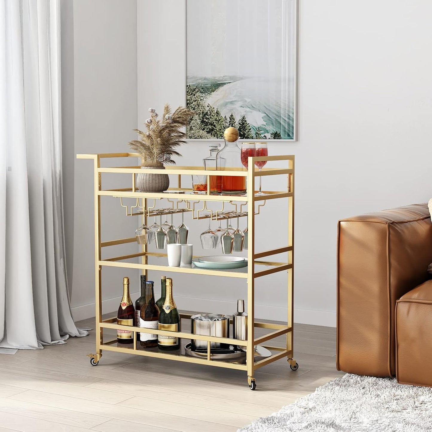 Gold Bar Carts with 3 Tier Glass Shelves, Rolling Serving Bar Cart with Wine Rack and Glass Holder, Home Bar Carts & Wine Carts on Wheels for Kitchen, Indoor & Outdoor