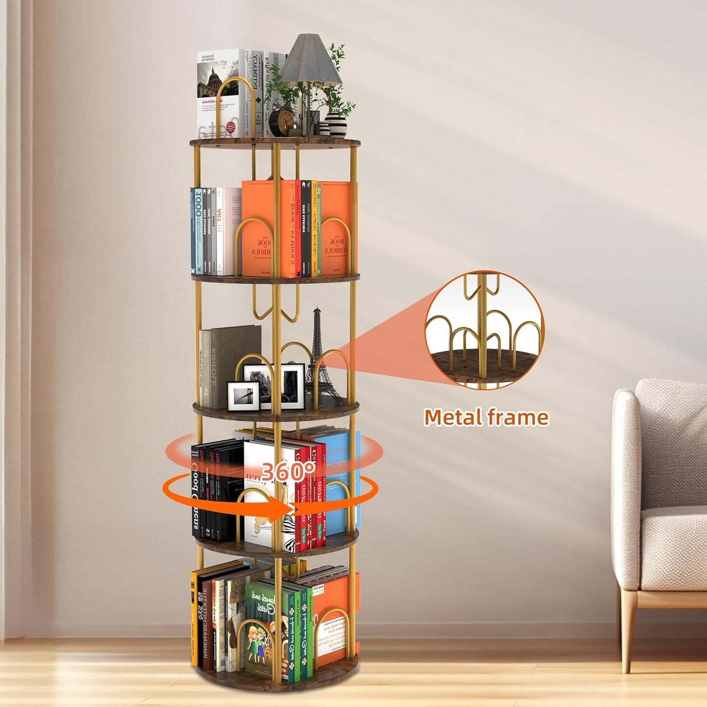 4 Tier Rotating Bookshelf, 360° Spinning Bookshelf Tower, Round Narrow Space Saving for Books and Display, Revolving Bookcase Corner Tall Book Shelf for Small Spaces, Bedroom, Living Room, Gold