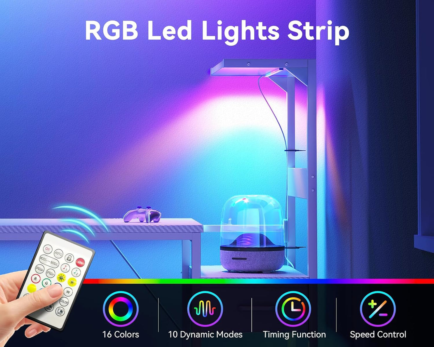 Casaottima 48 Inch Gaming Desk with Storage & LED Lights, Reversible Computer Desk with Display Shelves & Fabric Drawer, Modern Gamer Desk Table with Side Headphone Hook, Carbon Fiber White