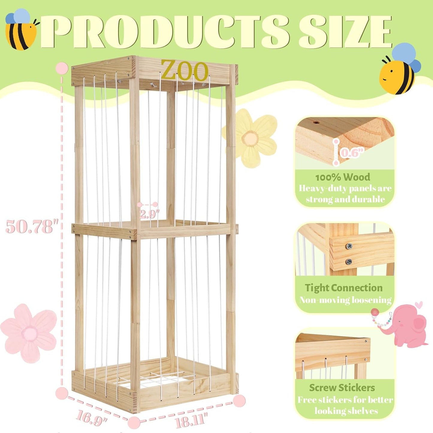 Trycooling Stuffed Animal Zoo Stuffed Animal Storage Wood Plushie Storage Stuffed Animals Zoo Storage Cage with Zoo Pattern Elastic Band for Nursery Play Room Bedroom (Wood)