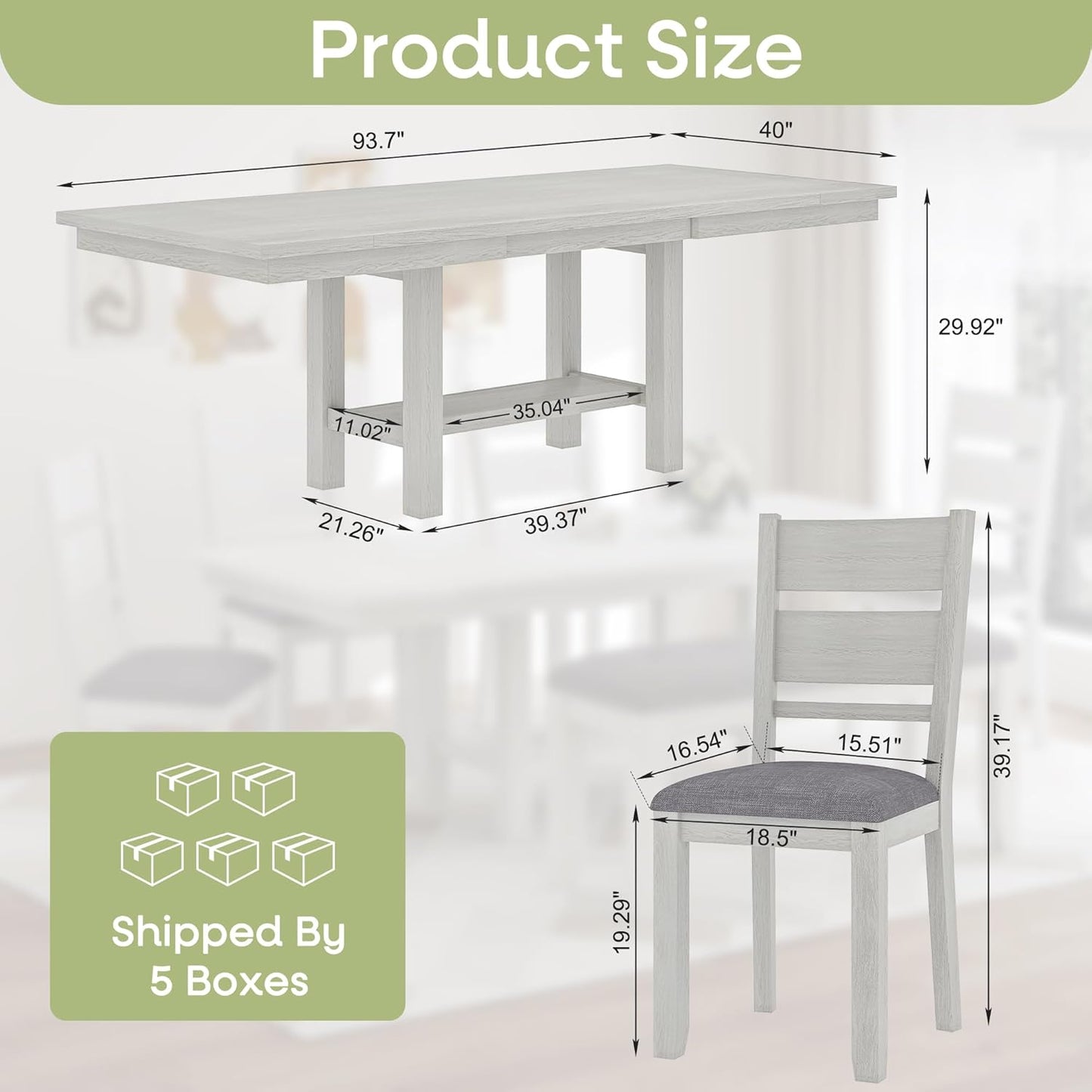 7-Piece Solid Wood Dining Table Set for 6, Extendable Table with 6 Chairs – Easy Assembly for Indoor Use, Kitchen, Dining Room, Grey