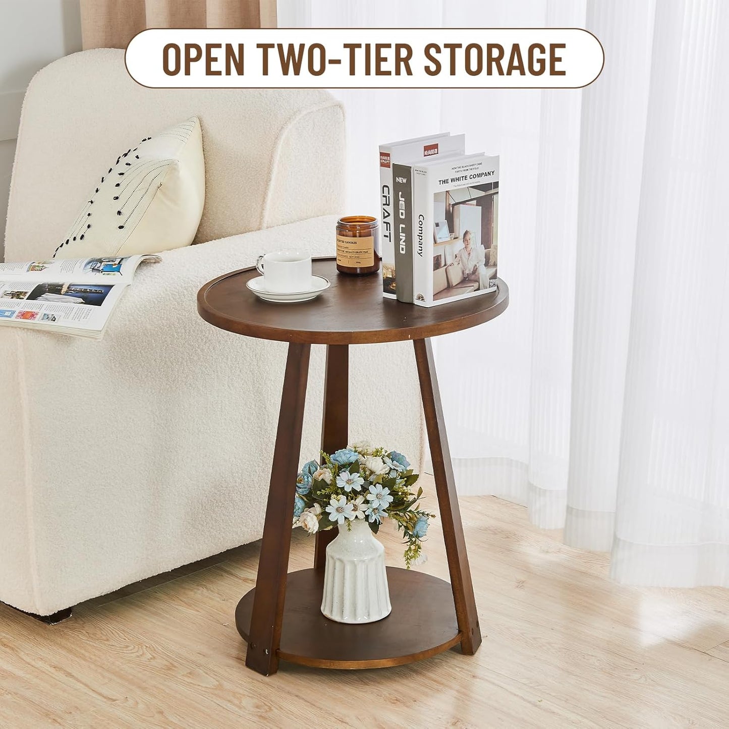 Uniclinens Round End Table, Solid Wood Round Side Coffee Table, Small Bedside Nightstand for Living Room Bedroom, Walnut