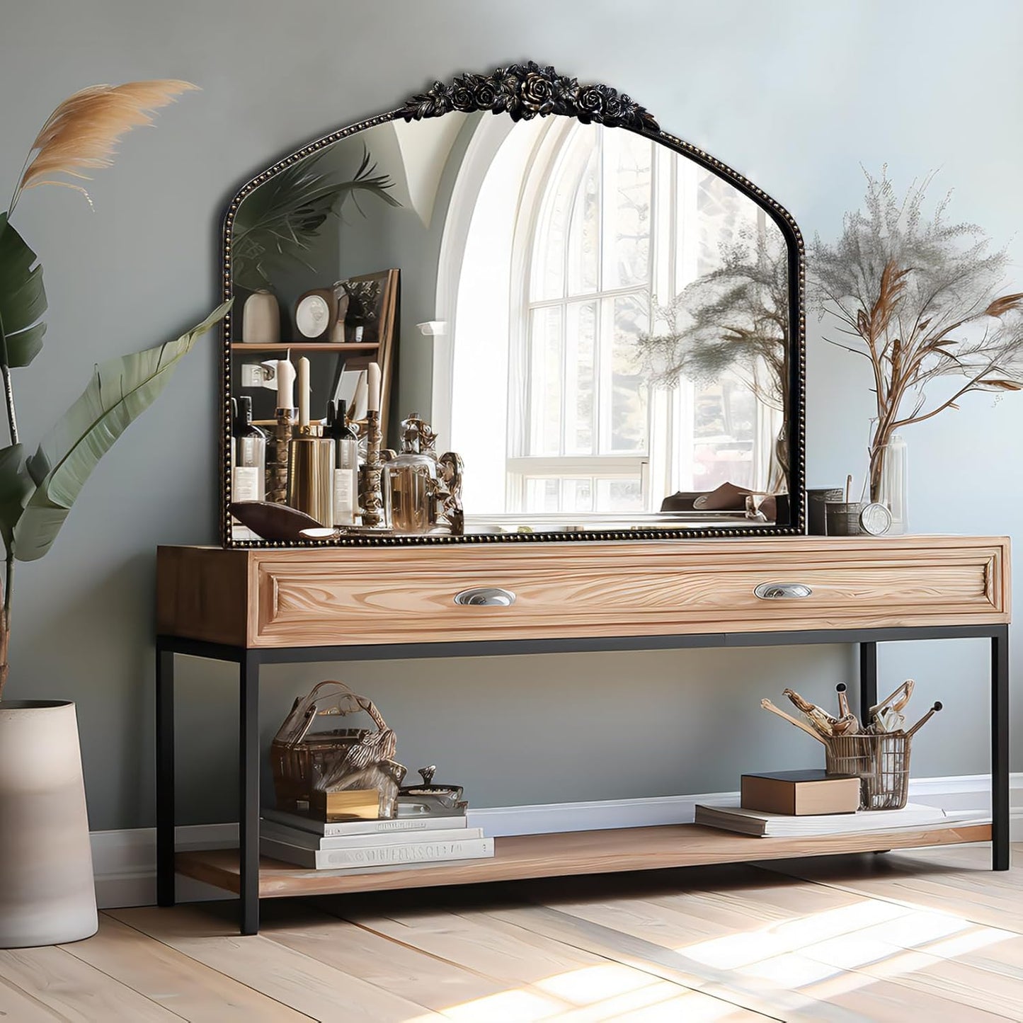 Black Brushed Gold Antique Mirror, 40"x31", Traditional Vintage Mirror with Ornate Metal Frame, Baroque Style for Fireplace, Entryway, Bathroom, Living Room, Hallway