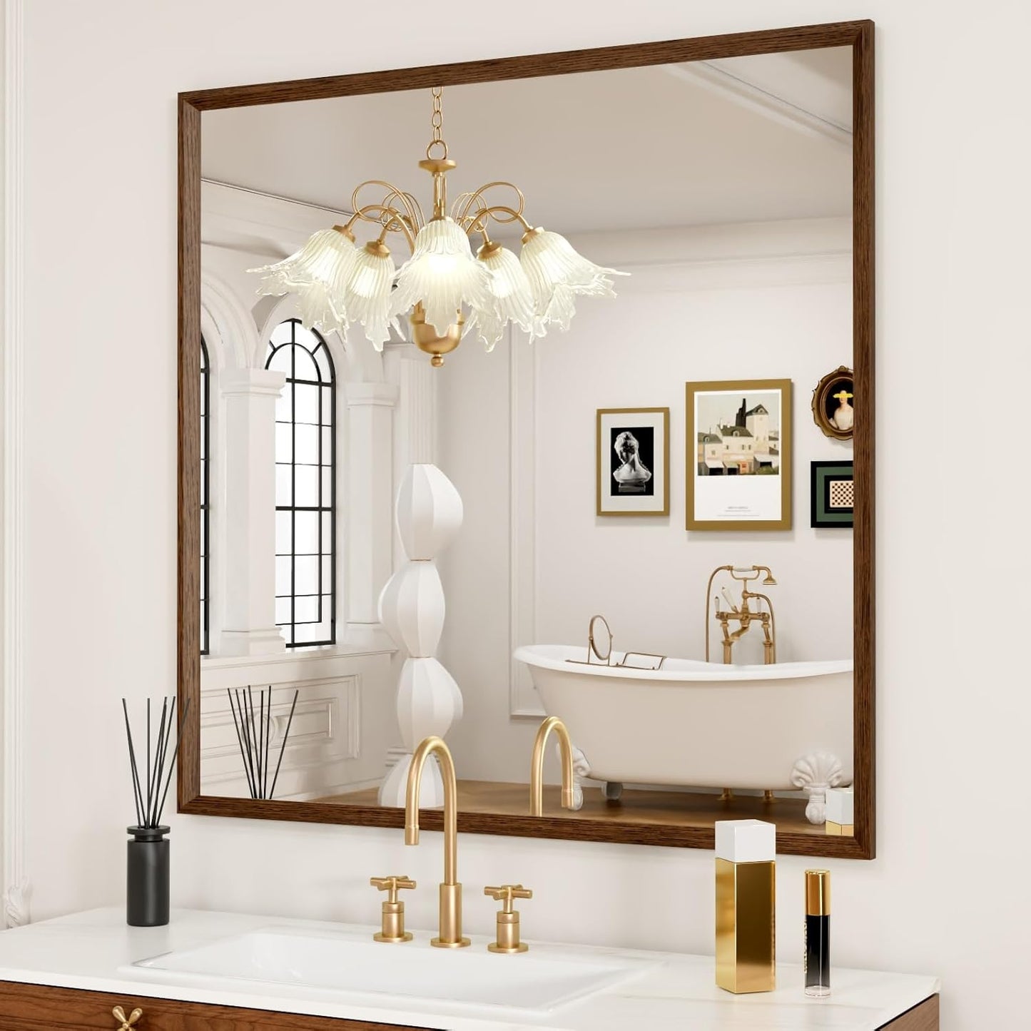 Bathroom Vanity Mirror 36x36 Inch, Walnut Rectangle Bathroom Mirror, Anti-Rust, 4MM Tempered Glass, Wall-Mounted Mirror, Hangs Horizontally or Vertically for Bathroom & Bedroom
