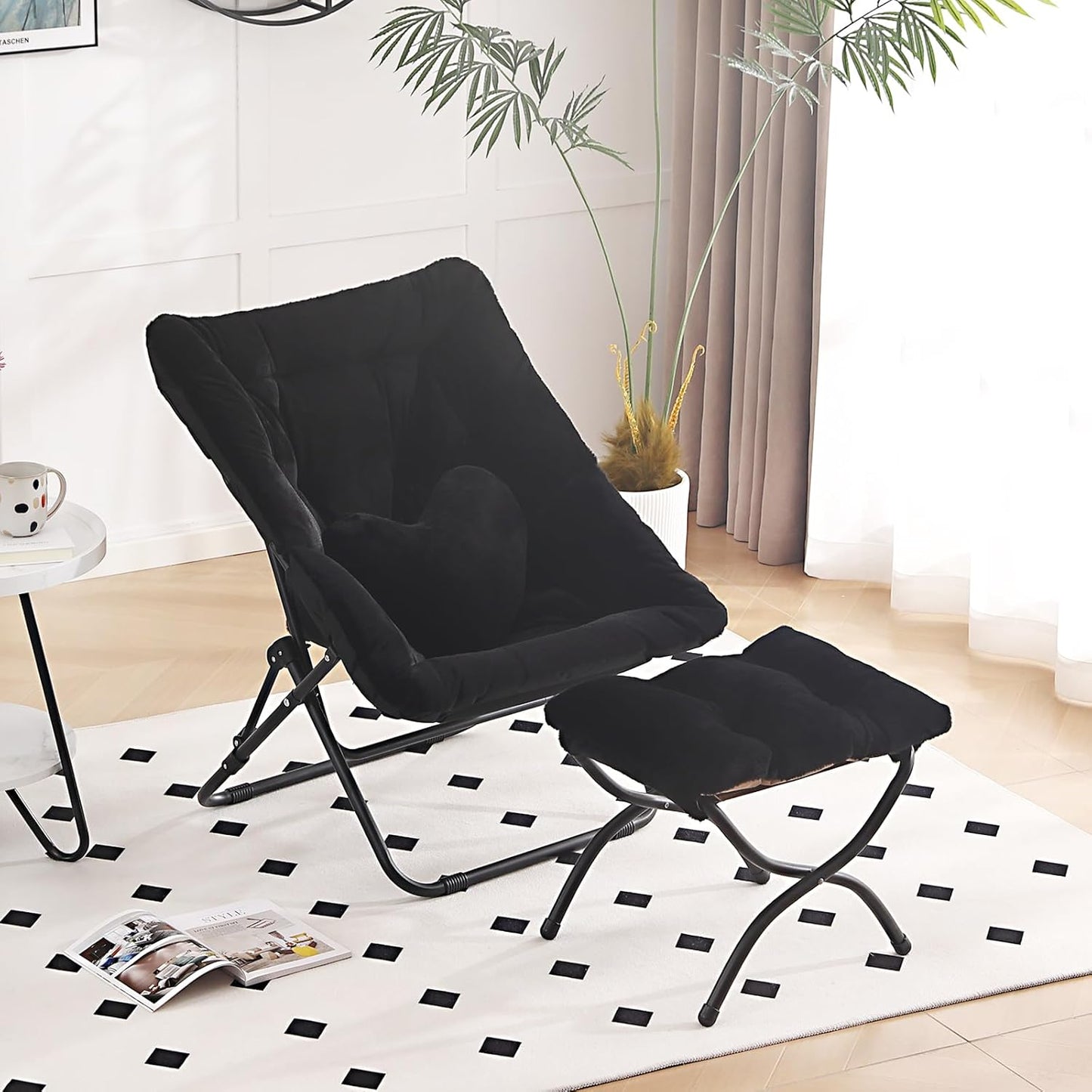 Comfy Saucer Chair with Ottoman, Oversized Folding Faux Fur Chair Soft Furry Lounge Lazy Chair with Metal Frame Moon Chair Accent Chair for Bedroom, Living Room, Dorm Rooms, Black
