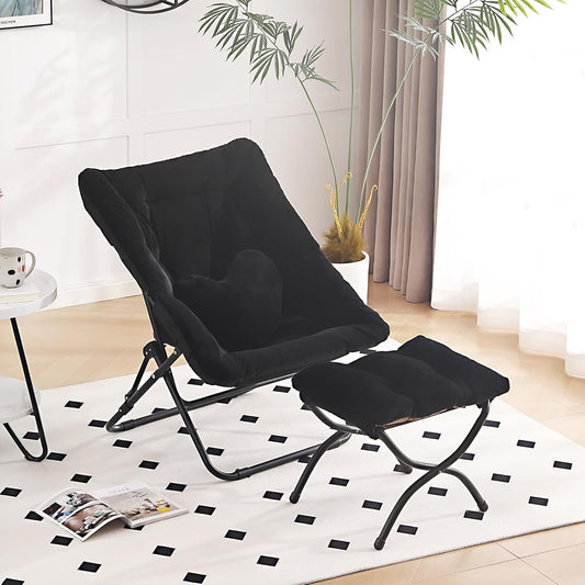 Comfy Saucer Chair with Ottoman, Oversized Folding Faux Fur Chair Soft Furry Lounge Lazy Chair with Metal Frame Moon Chair Accent Chair for Bedroom, Living Room, Dorm Rooms, Black