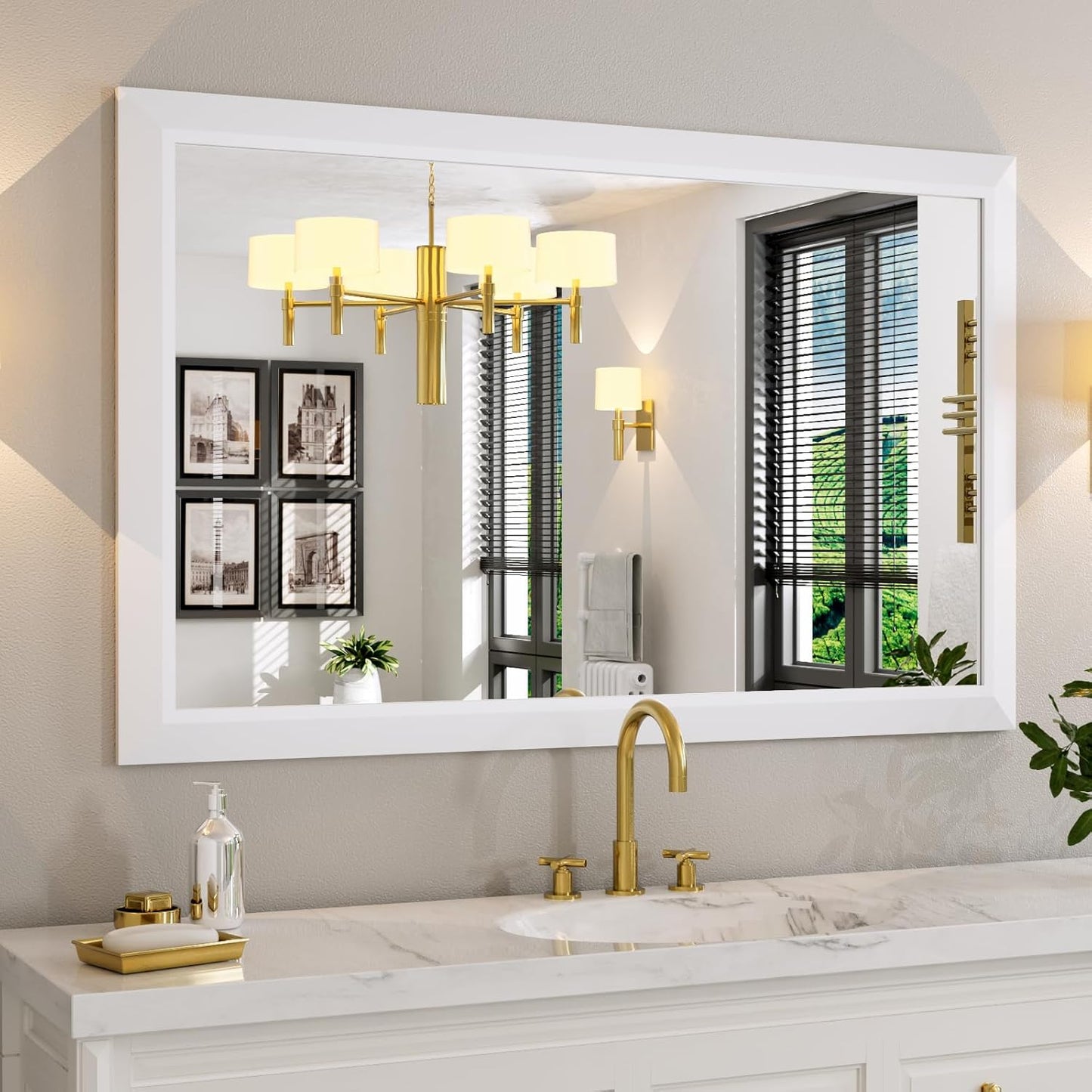 Amorho Bathroom Mirror, 48x30 Inch White Thick Metal Framed Wall Mirrors for Over 2 Sinks, Bedroom, Living Room, Entryway, Large Rectangle Wall-Mounted Mirrors.