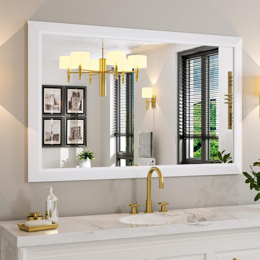 Amorho Bathroom Mirror, 48x30 Inch White Thick Metal Framed Wall Mirrors for Over 2 Sinks, Bedroom, Living Room, Entryway, Large Rectangle Wall-Mounted Mirrors.