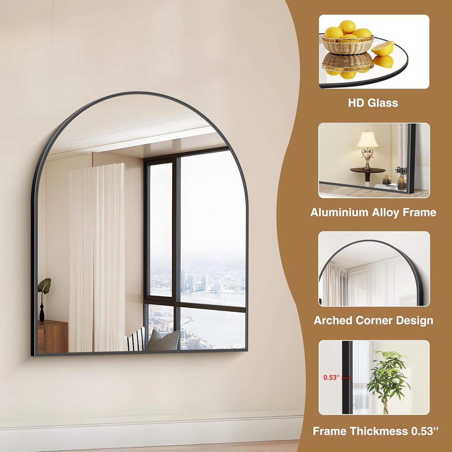 Black Arch Mirror, 30’’x36’’ Black Mirror for Bathroom, Wide Arched Bathroom Mirror with Metal Wall Mounted Mirror for Bedroom Living Room Entryway Modern
