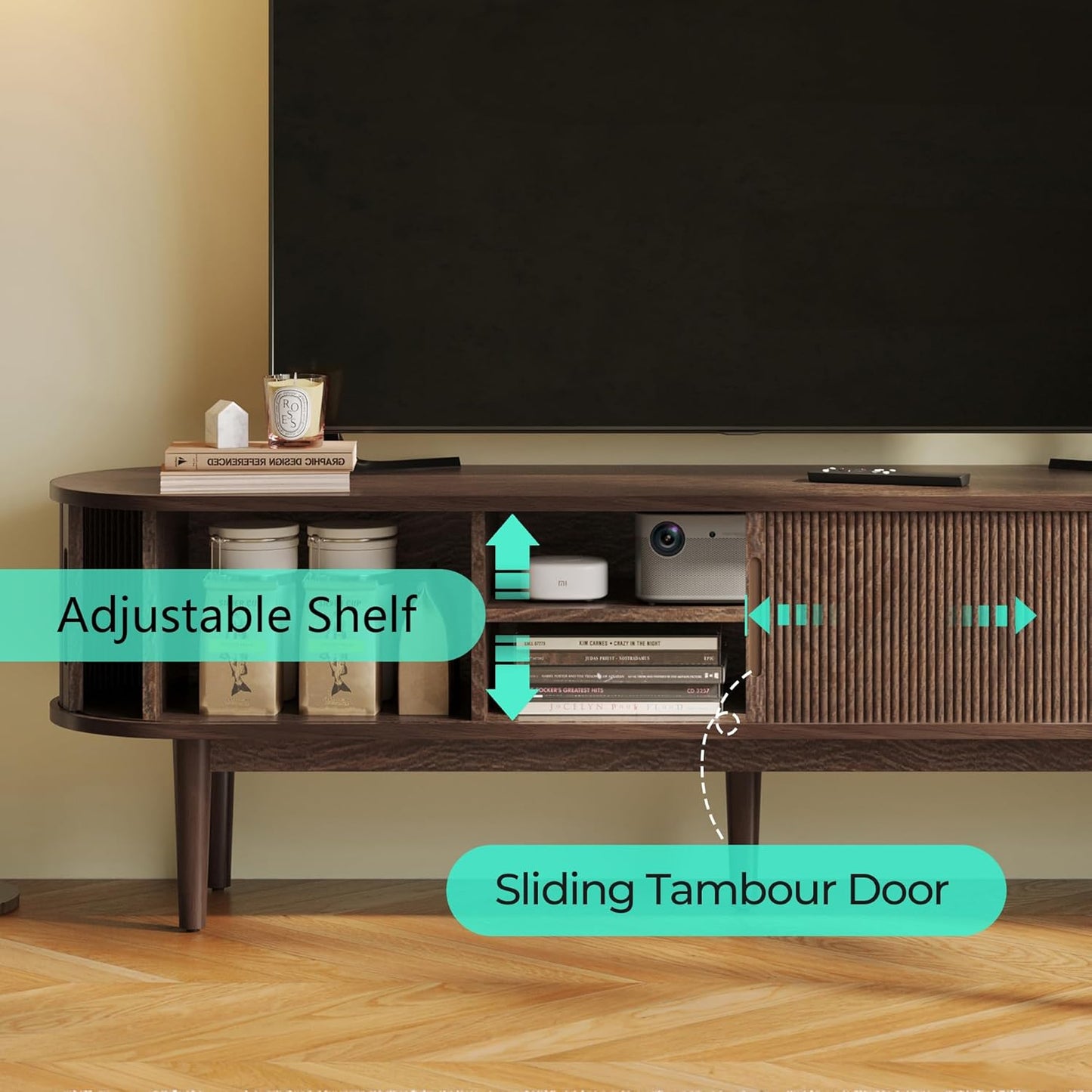 LINSY 70" Fluted TV Stand, Modern Entertainment Center for TVs Up to 80 inches, TV Console with Sliding Doors, Curved Profile Design, Media Console for Living Room, Walnut