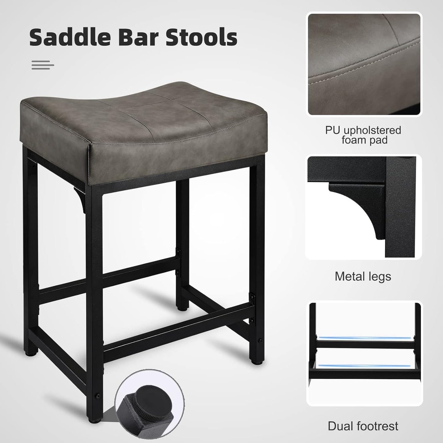 Counter Height Bar Stools Set of 2, 24 Inch Stools for Kitchen Counter with Thick Saddle Seats and Barstools Metal Frame, Modern Backless Counter Height Stool for Kitchen Island Bar Grey