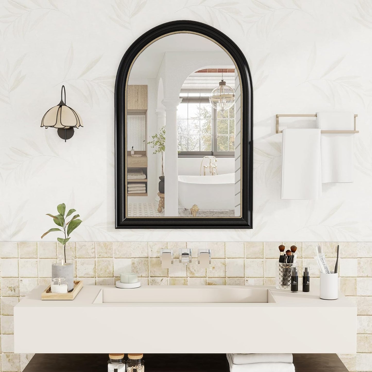 Axeman 32x48 Arched Wall Mirror, Decorative Bathroom Mirror, Traditional Vintage Wall Mounted Mirror with Beaded Frame for Accent Living Room Vanity Bedroom Entryway, Black