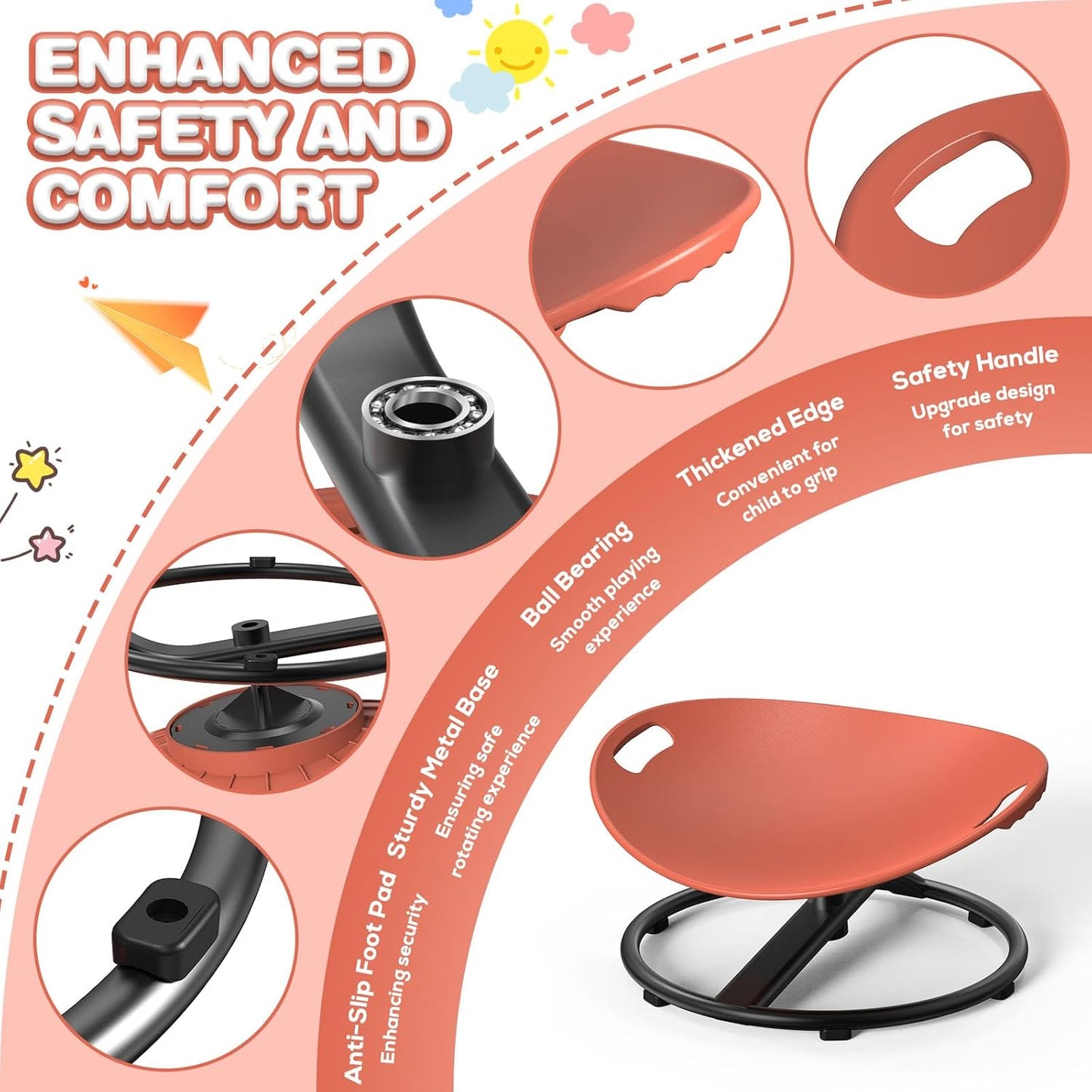 Spinning Chair for Autistic Kids - Safety Handle Sensory Chair for Autistic Children with Non-Slip Design, 3-12 Years Kids Swivel Chairs(Orange)