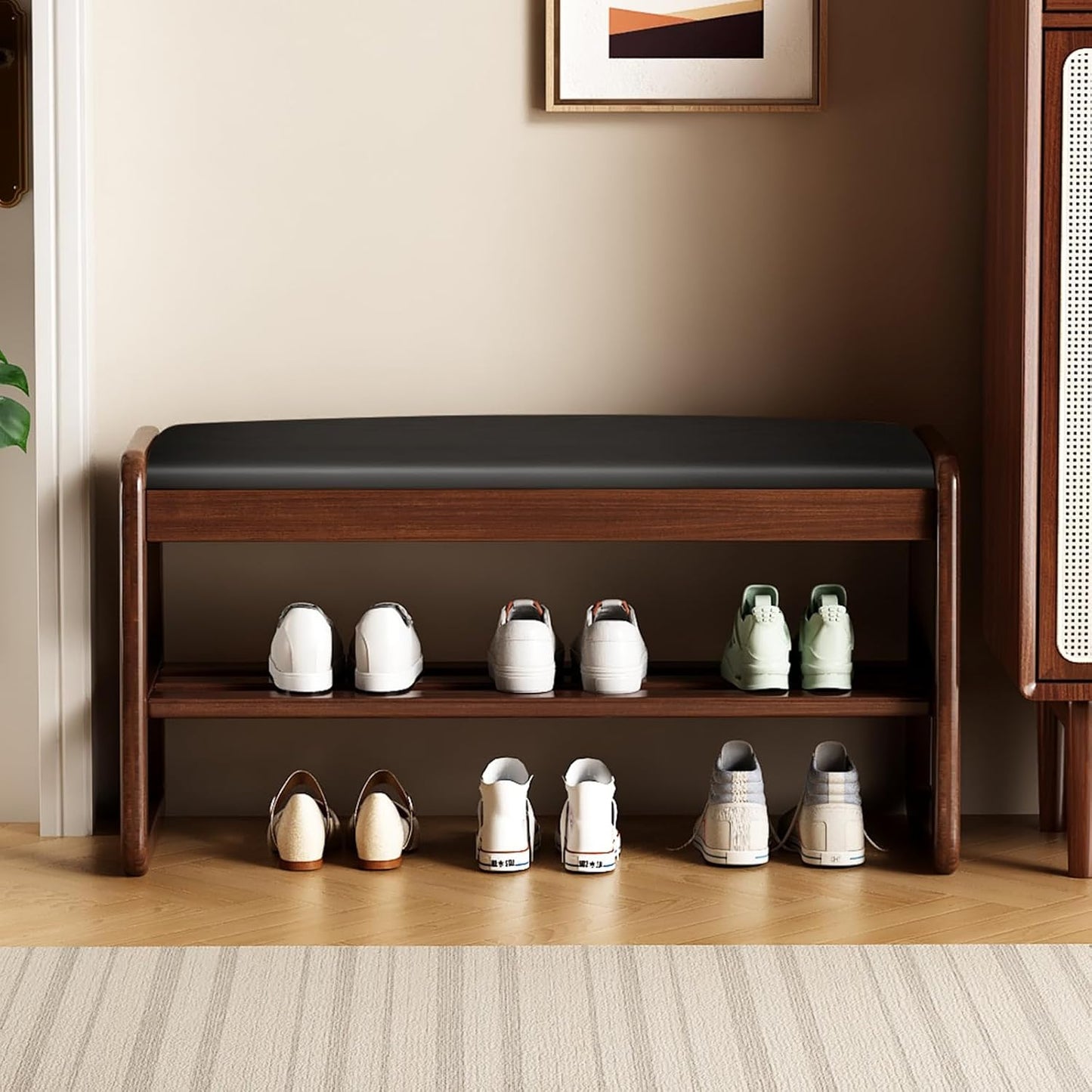 Wooden Shoe Storage Bench with Padded Top Cushion, Two-Tier Wooden Shoe Rack, Suitable for Bedrooms and Living Rooms, Black Walnut(31.5'')