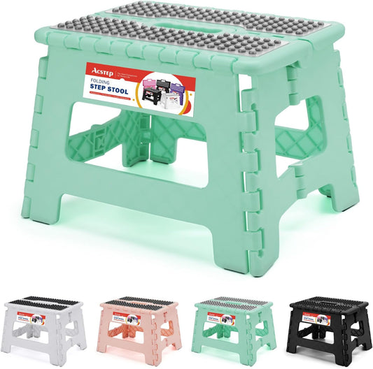 ACSTEP 9 Inch Folding Step Stool 300 LB Capacity Non Slip Foot Stool with Handle Plastic Foldable Step Stools for Kids Stepping Stool for Bathroom Black Small Step Stool (1 PC Teal)