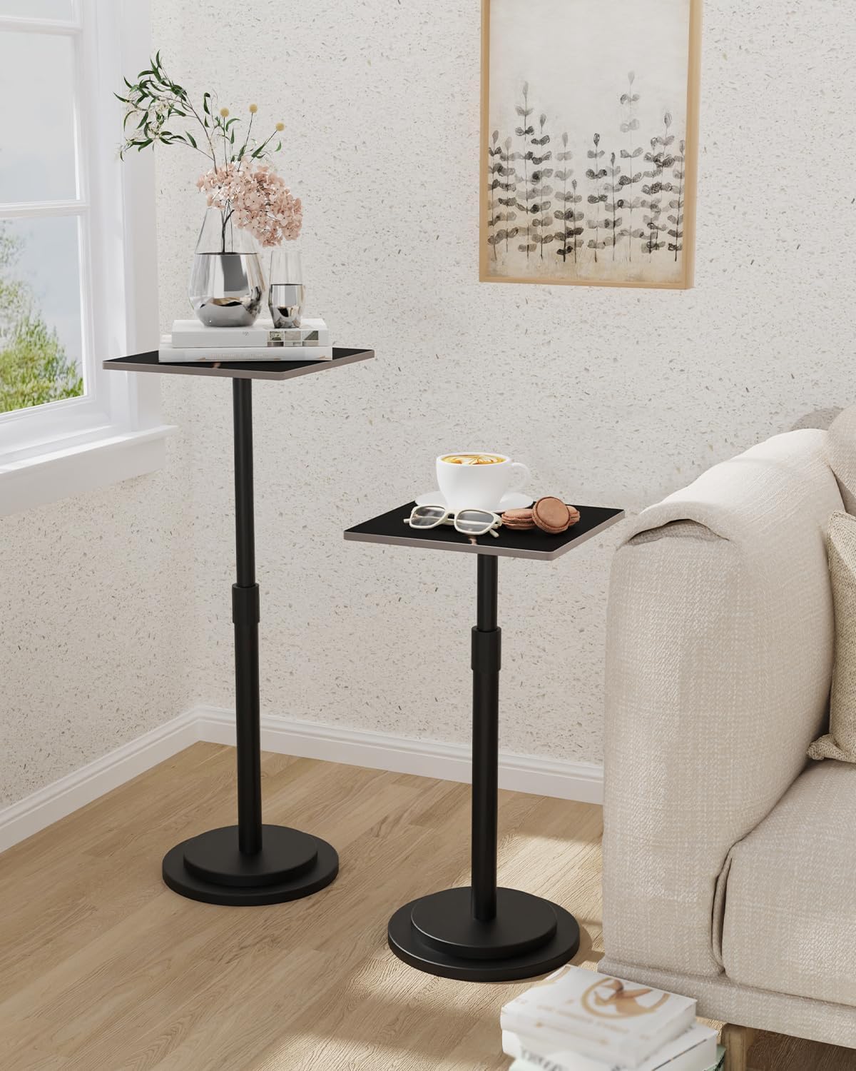 Versatile End Table with Metal Base, Height Adjustable, Vintage Square Indoor Metal Plant Stand, for Sofa, Bedside Small Couch, Living Room and Bedroom, 1 Pack, Black, GBZ001SB-1