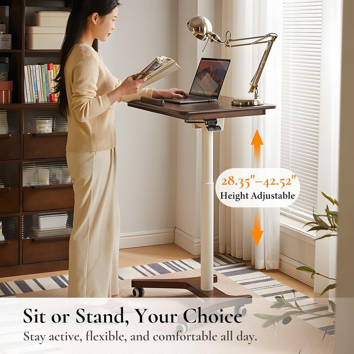 Adjustable Computer Desk, Solid Wood Folding Desk with Wheels, Mobile Home Office Laptop Table, Sit Stand Workstation, Rolling Desk, 28.35-42.52 H x 31.5 W x 19.69 D Inches, Walnut