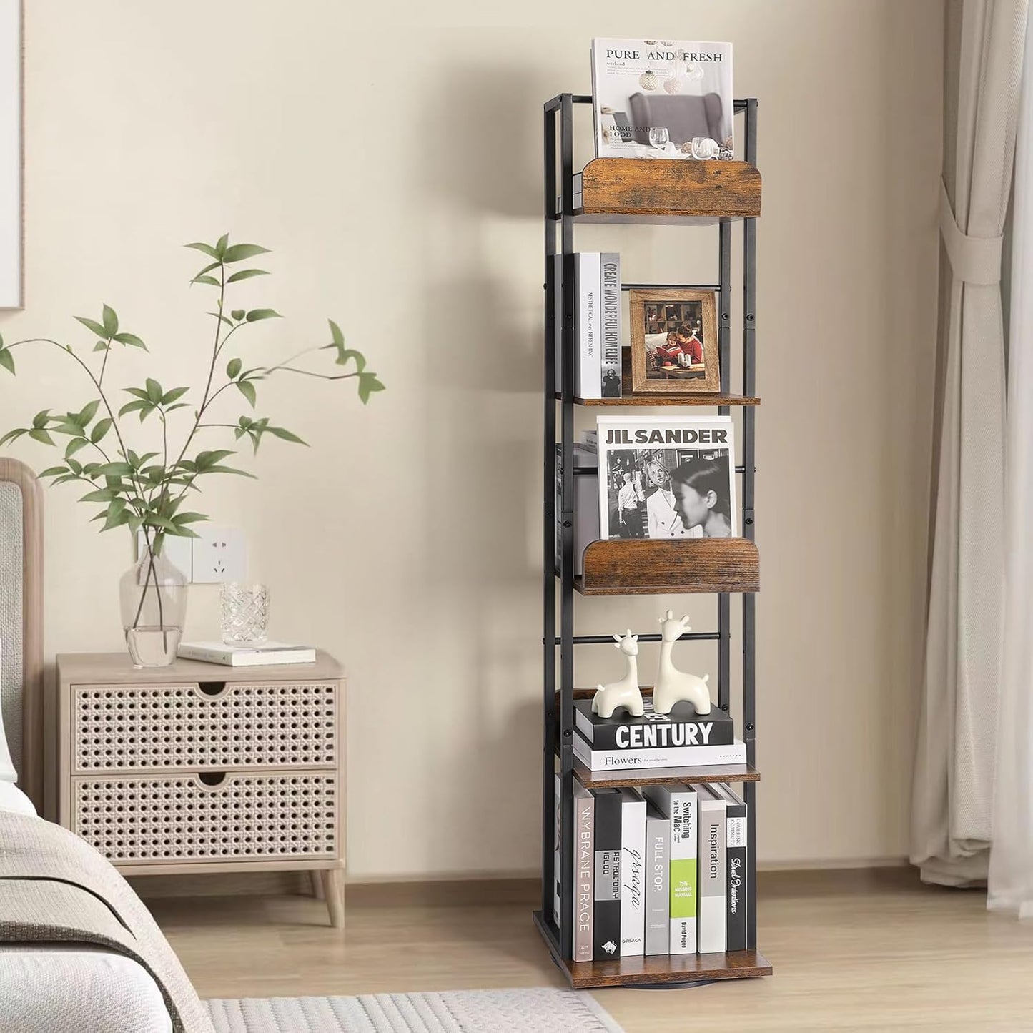 Bikoney Rotating Bookshelf, 360 Display Spinning Bookshelf Tower, 5-Tier Narrow Bookcase, Tall Industrial Book Shelf Organizer, Small Corner Book Shelves for Living Room, Black