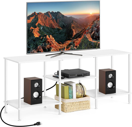 BTY White TV Stand with Storage, Wood Entertainment Center with Power Outlet, 3 Tier Small TV Table with Open Shleves for Living Room, Bedroom, Small Space, up to 50 inch TV