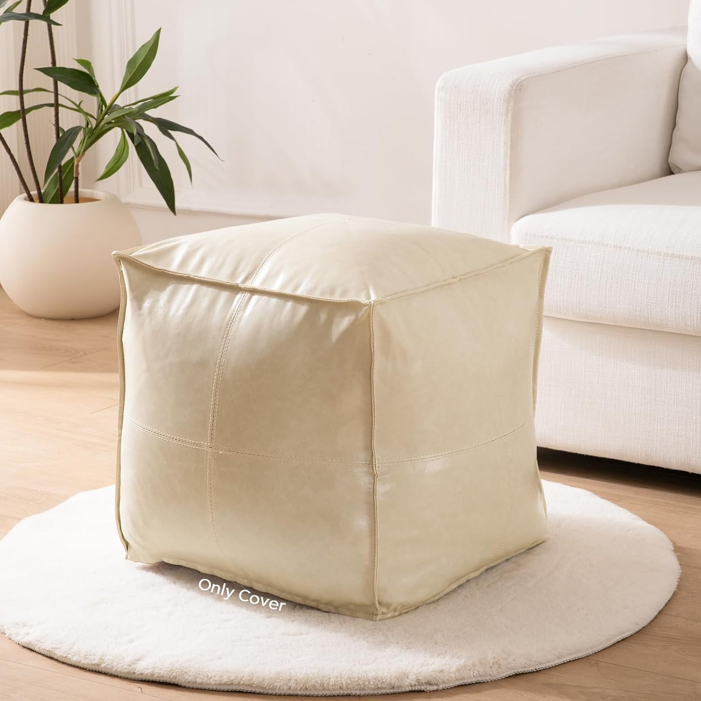 17.7" Square Unstuffed Pouf Ottoman Cover (Only Cover No Filler), Pu Leather Poufs Cube Foot Stool Poofy Ottomans Footrest, Casual Footstool for Living Room, Perfect to Rest Your Feet, Beige