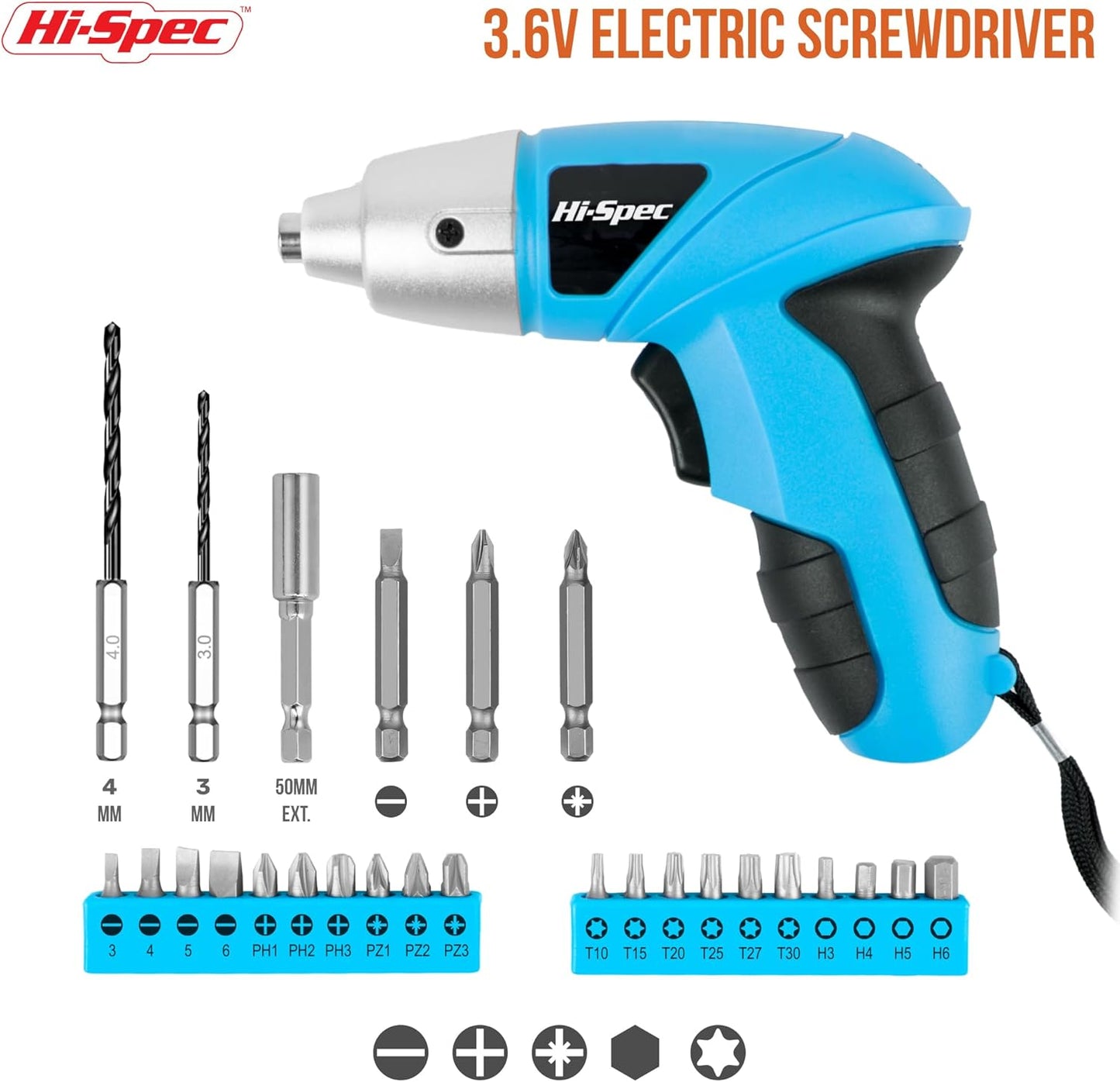 Hi-Spec 27pc 3.6V Blue USB Small Power Electric Screwdriver Set. Cordless & Rechargeable with Driver Bit Set