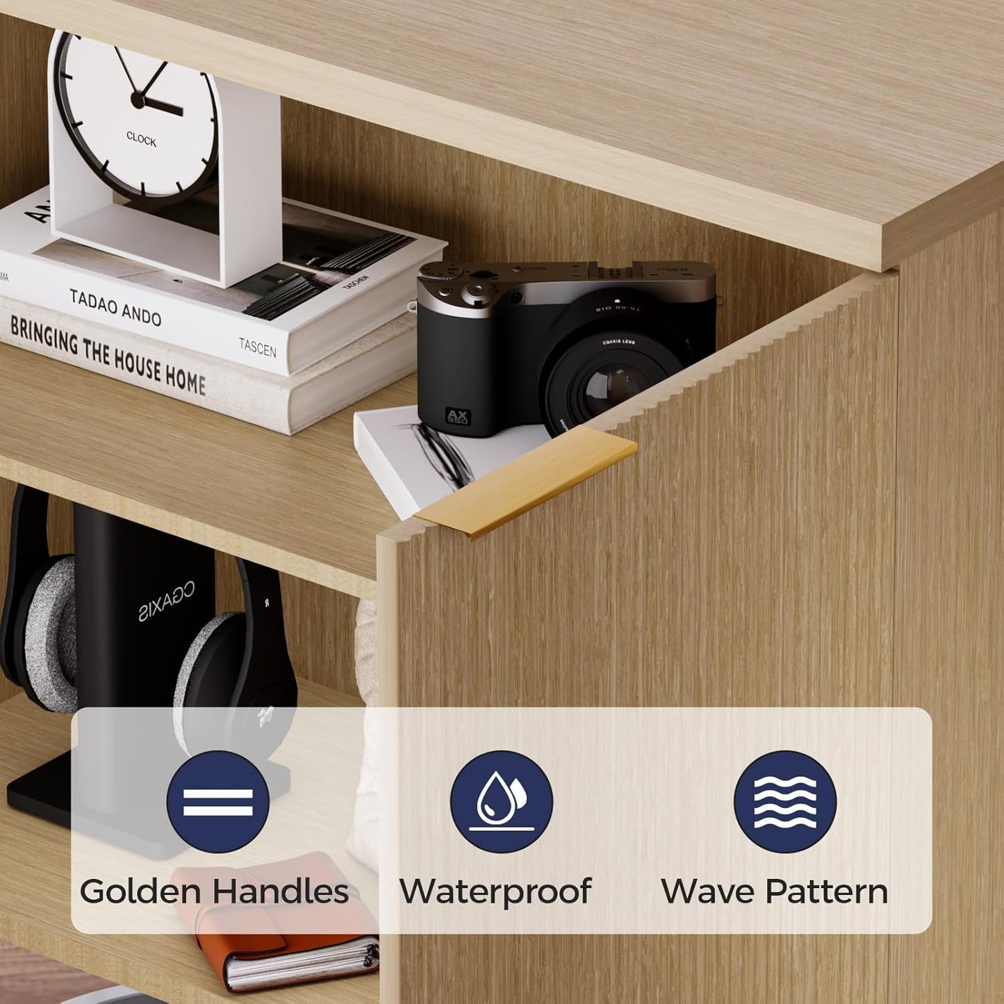 Buffet Cabinet with Storage, Wood Fluted Multifunctional Storage Cabinet with 2 Doors, Sideboard Buffet Credenzas for Living Room, Entryway, Hallway, Natual Oak