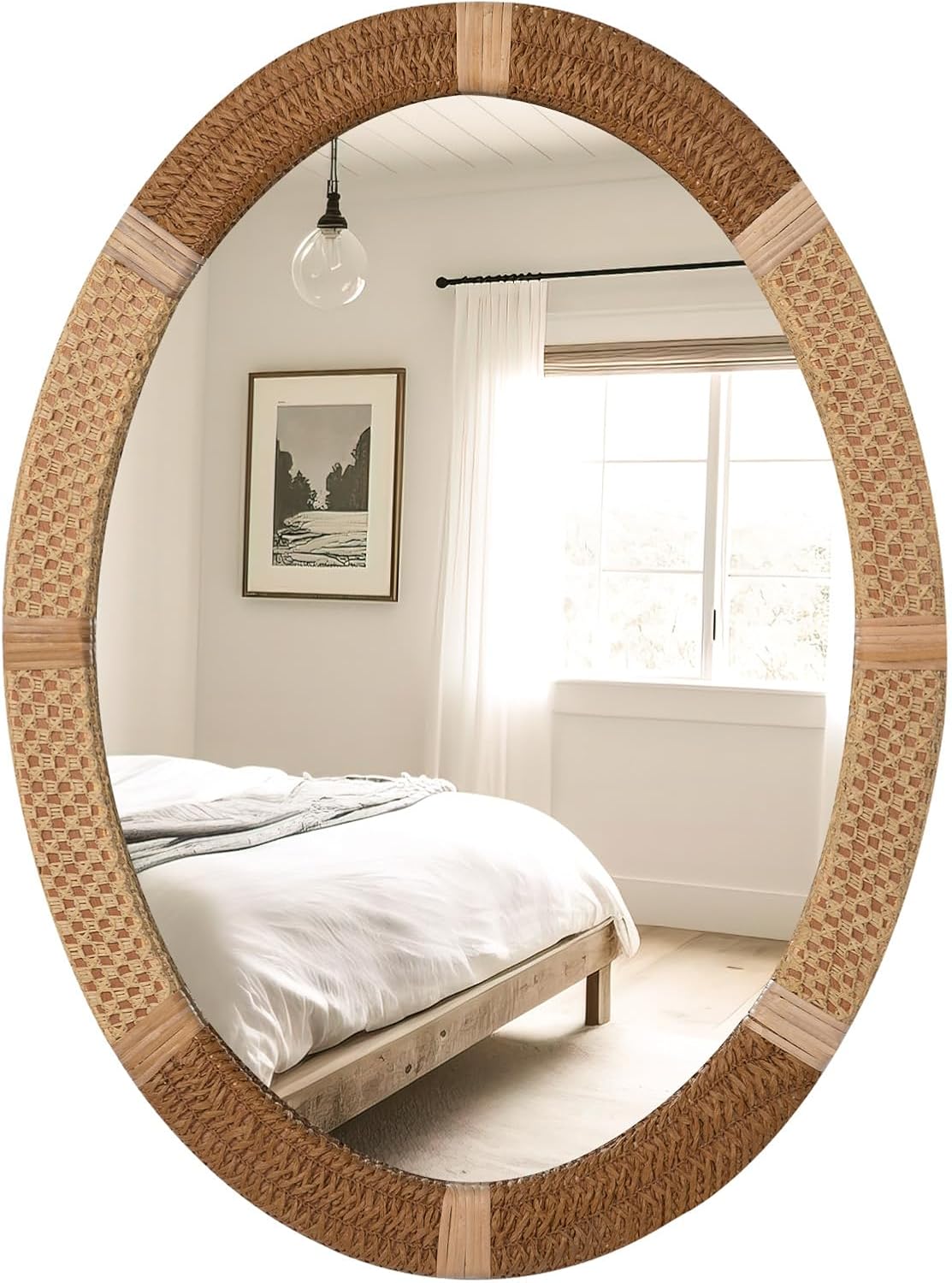 ULIKE Oval Rattan Wall Mirror, 22x30 Inch Rustic Farmhouse Wall Decor with Wicker Frame, Boho Mirror for Nursery Bathroom Bedroom Living Room Entryway