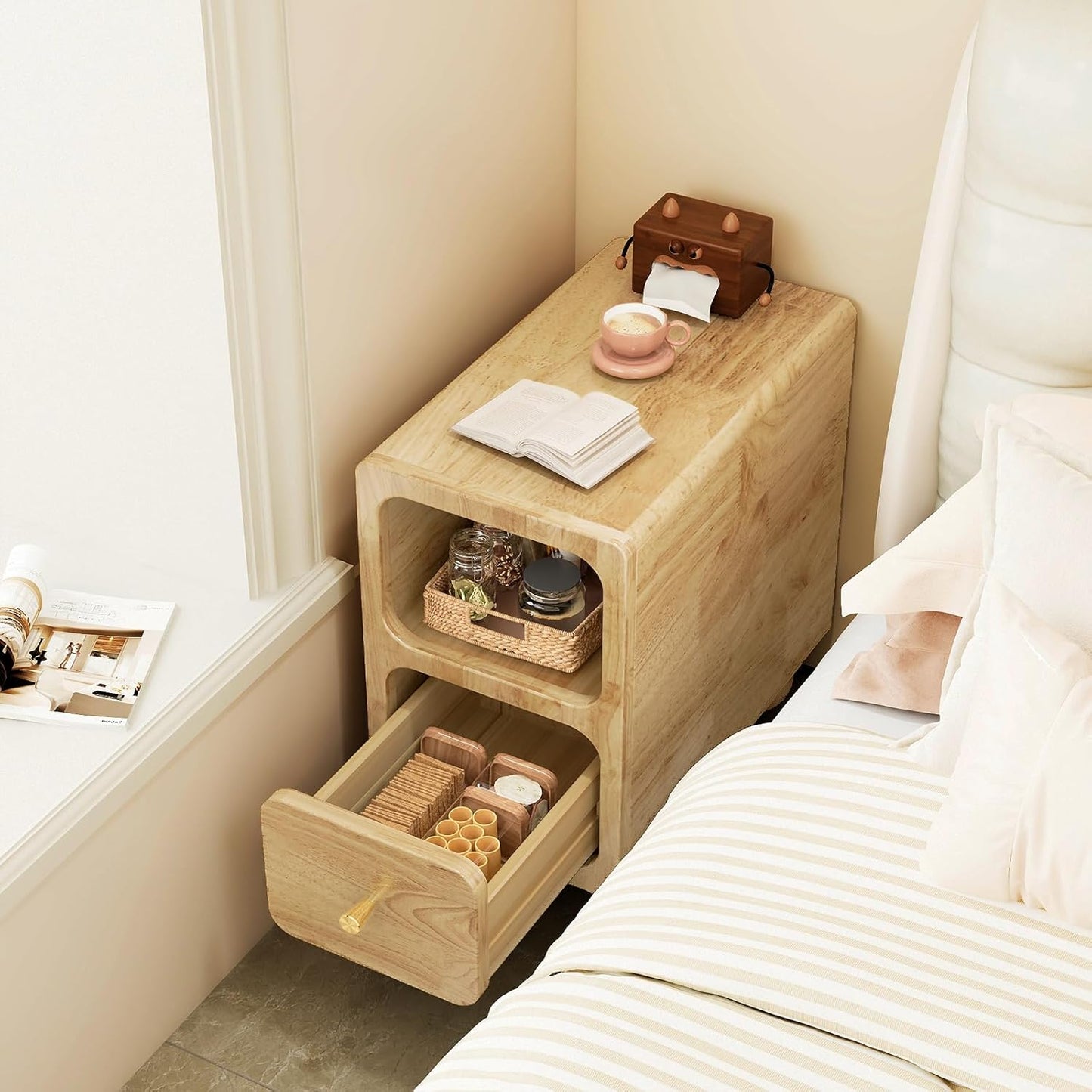 Solid Wood Night Stand, Narrow Nightstand with Drawers, Natural Mid Century Modern Nightstand, Small Beside Table with Open Storage Shelf for Bedroom (10 inch)