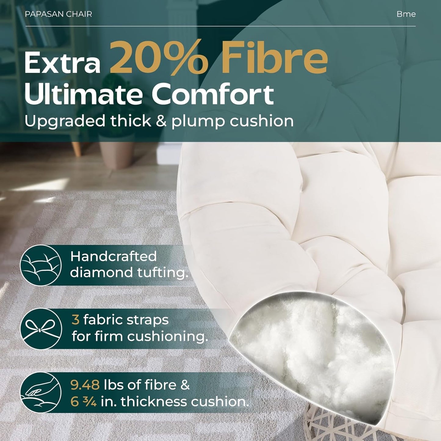 Bme 40" Ergonomic Wicker Papasan Chair with Soft Thick Density Fabric Cushion, High Capacity Steel Frame, 360 Degree Swivel for Living, Bedroom, Reading Room, Lounge