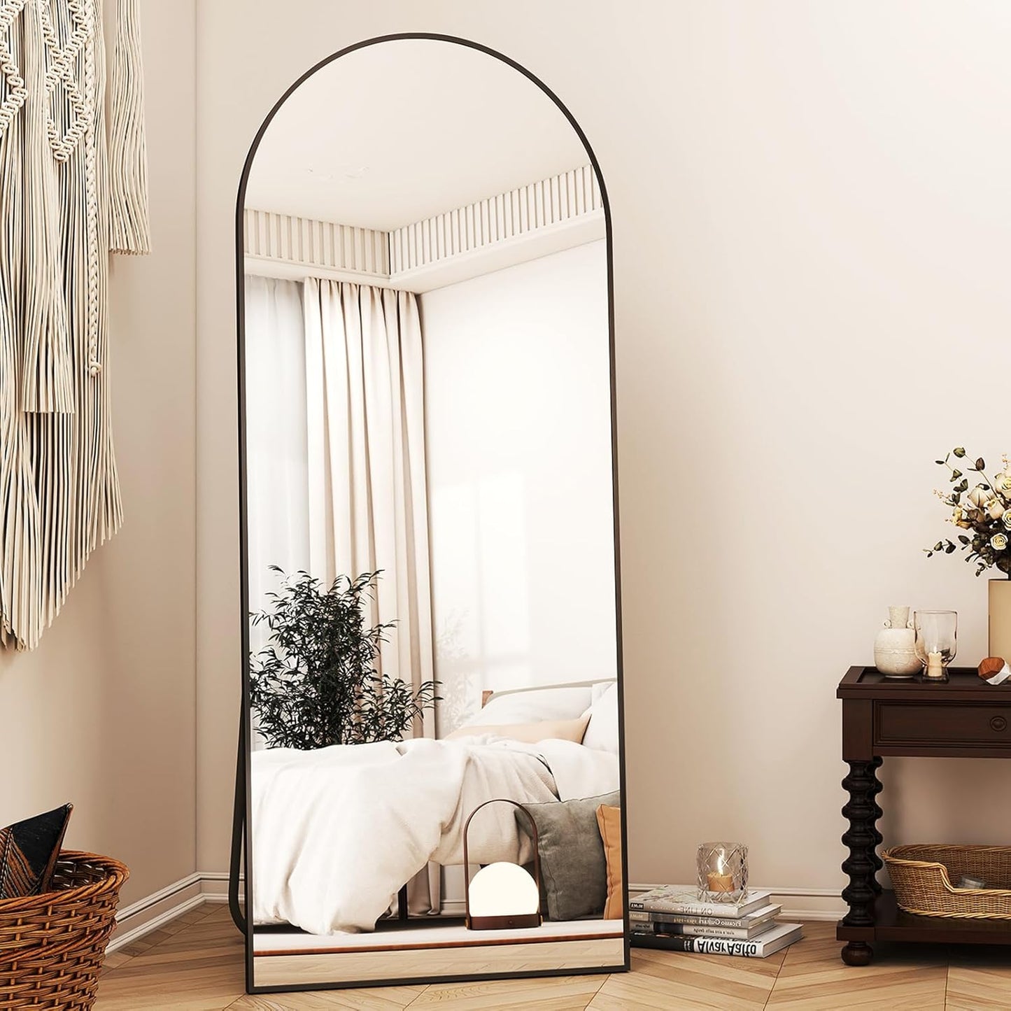 56"x21" Arched Full Length Mirror Floor Mirrors with Aluminum Alloy Frame Free-Standing Wall Mounted Floor Mirrors or Large Dressing Mirror, Black Mirror Full Length