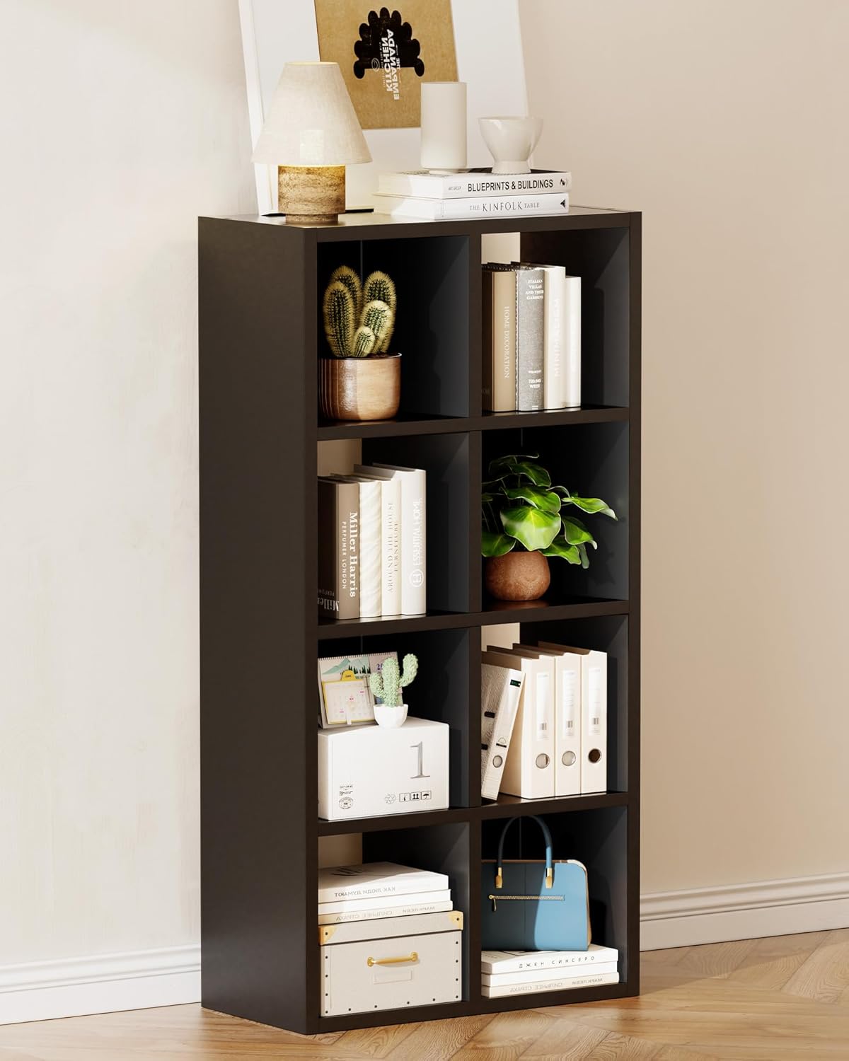 GTPLAYER 8-Cube Storage Organizer, Fits 11" Bins, Vertical or Horizontal Use, Opening Bookshelf, Partial Back Panels, Stackable Design Bookcase, for Living Room, Media Console, Hallway, Black