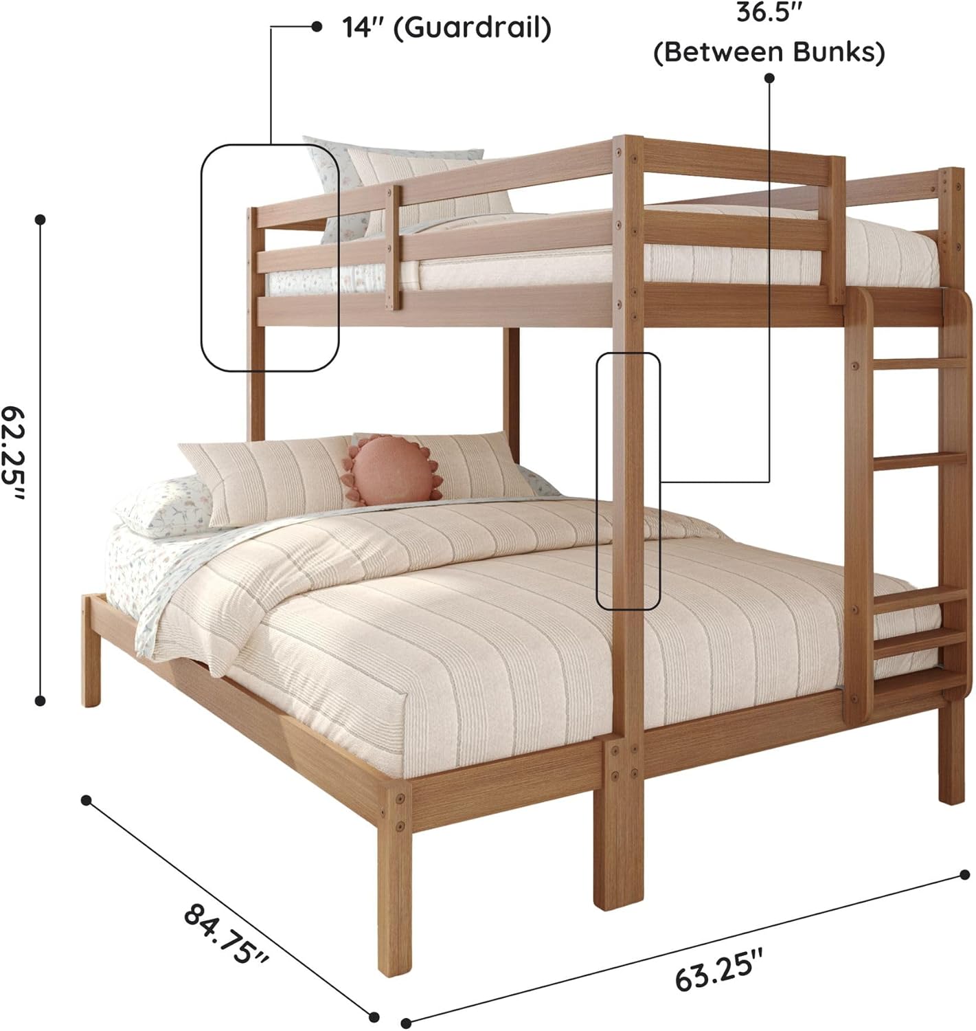 Grain & Grove Bear Twin XL Over Queen Bunk Bed, Sturdy Bunk Bed Frame for Kids, Plywood Bunk with Ladder, Guardrail, and Slats, No Box Spring Required, Oak Embossed Pecan