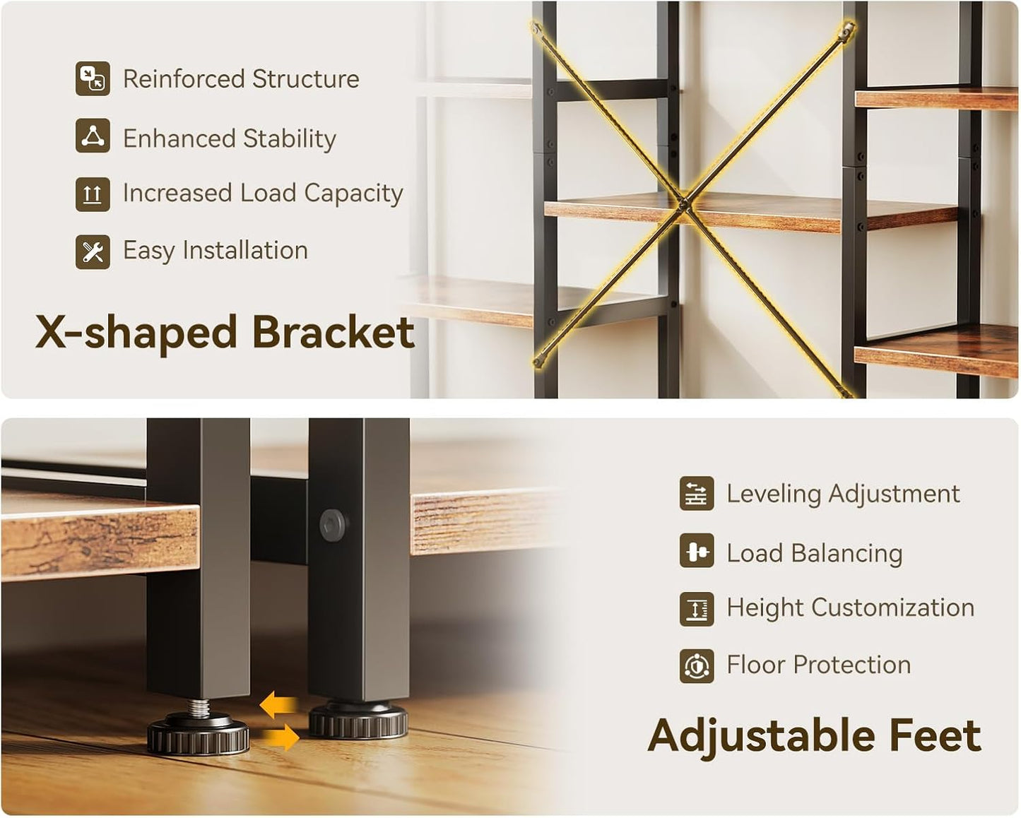 Casaottima Triple 5 Tier Bookshelf, Large Bookcase with 14 Open Display Shelves, Modern Industrial Book Shelves Book Case for Bedroom, Wide Standing Shelving Unit for Living Room Home Office, Vintage