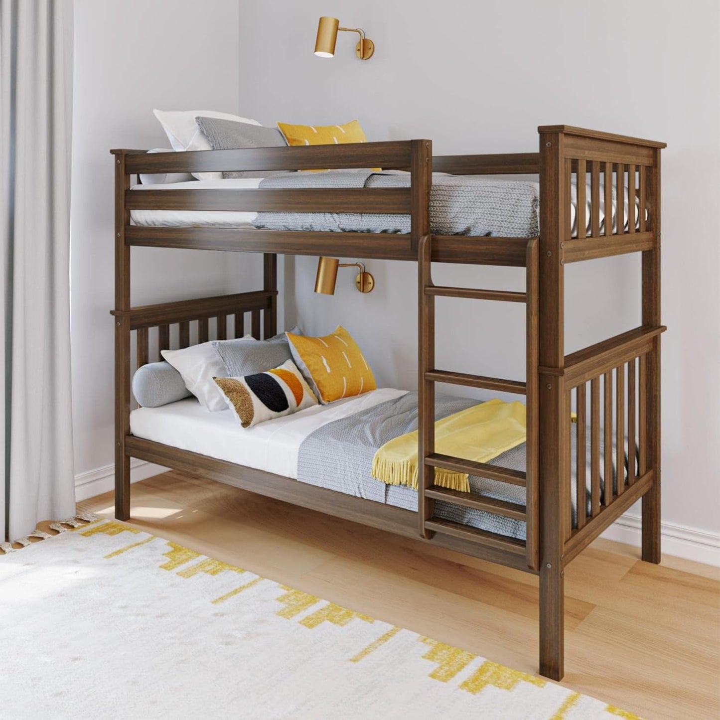 Max & Lily Bunk Bed Twin over Twin, Solid Wood Bunk Bed Frame with Ladder for Kids, 14" Safety Guardrails, Easy Assembly, No Box Spring Needed, Walnut