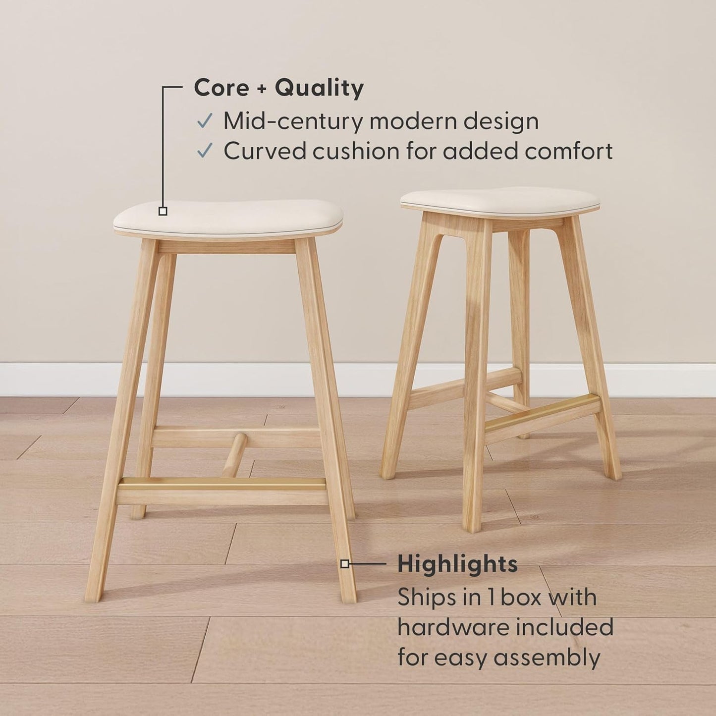 Plank+Beam Beryl Counter Height Stool - Mid-Century Modern Rubberwood Bar Stool with Faux Leather Seat, Metal Footrest, Easy Assembly, 2-Pack, Blonde/Sesame