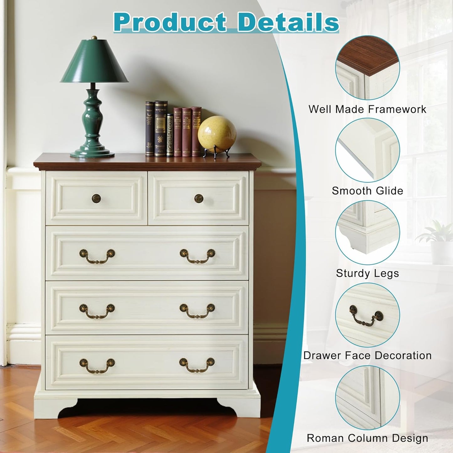 31.5" Farmhouse Sideboard Buffet Cabinet with Storage, Kitchen Buffet Storage Cabinet with 5 Drawers, Modern Wood Accent Sideboard for Living Room, Kitchen, Hallway(Antique Brown+White)