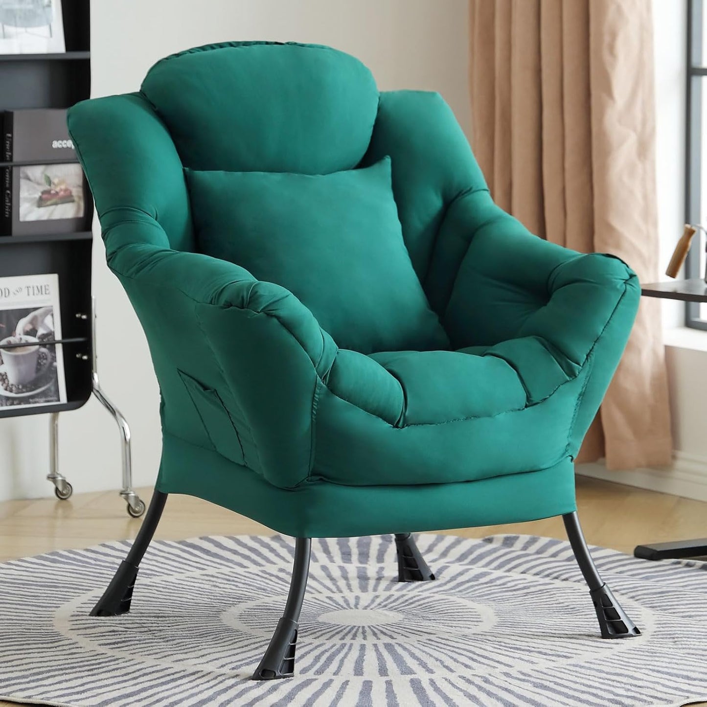 Lazy Chair with Pillow for Living Room, Modern Lounge Accent Chair with Armrests and a Throw Pillow, Leisure Sofa Chair Set, Reading Chair for Bedroom, Dorm Room, Office, Dark Green