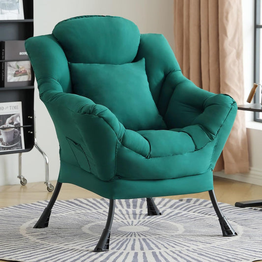 Lazy Chair with Pillow for Living Room, Modern Lounge Accent Chair with Armrests and a Throw Pillow, Leisure Sofa Chair Set, Reading Chair for Bedroom, Dorm Room, Office, Dark Green
