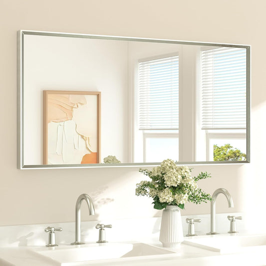 TETOTE Brushed Nickel Bathroom Mirror for Over Sink Beveled Frame 48" x 24" Rectangle Bathroom Vanity Wall Mirror, Tempered Glass, Stronger Frame, Modern Farmhouse Bedroom, Entryway, Living Room