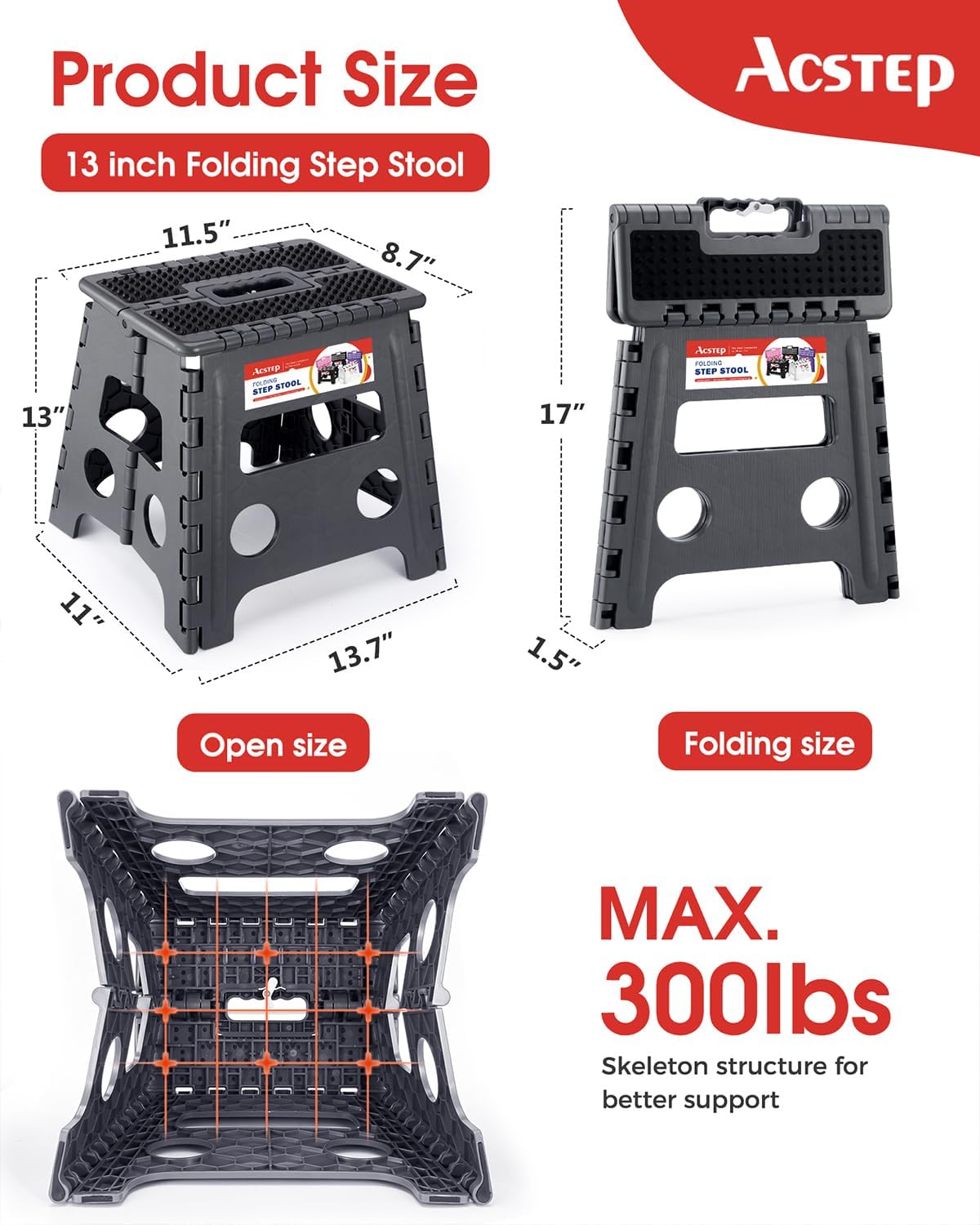 ACSTEP 13" Folding Step Stool- Holds up to 300Lb,The Lightweight Non-Slip Upgrade Collapsible Stepping Stool is Sturdy Enough to Support Adults and Safe Enough for Kids(Grey,1 Pack)