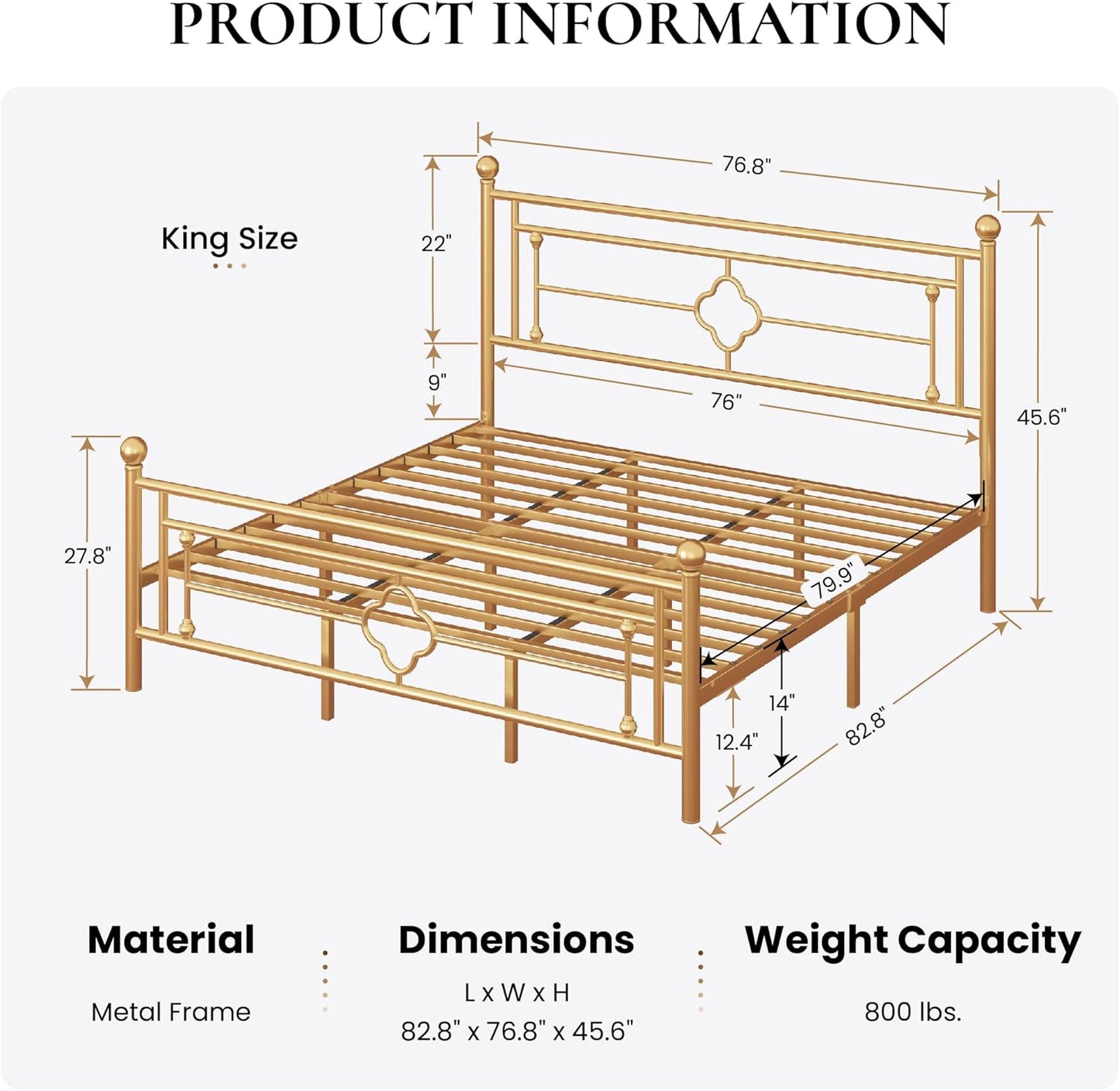 SHA CERLIN 14 Inches King Size Metal Platform Bed Frame/Vintage Iron-Art Headboard and Footboard/Mattress Foundation for Storage/No Box Spring Needed/Noise-Free/Easy Assembly/Gold