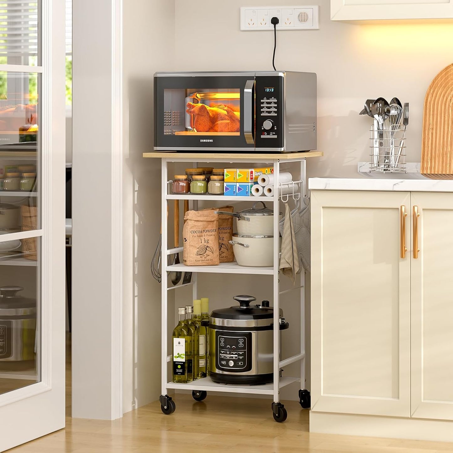 Rolling Kitchen Microwave Cart, 4 Tier Microwave Table Stand with Storage, Kitchen Storage Rack on Wheels, Coffee Station Cart Rack Shelf Organizer for Living Room Office, Balcony